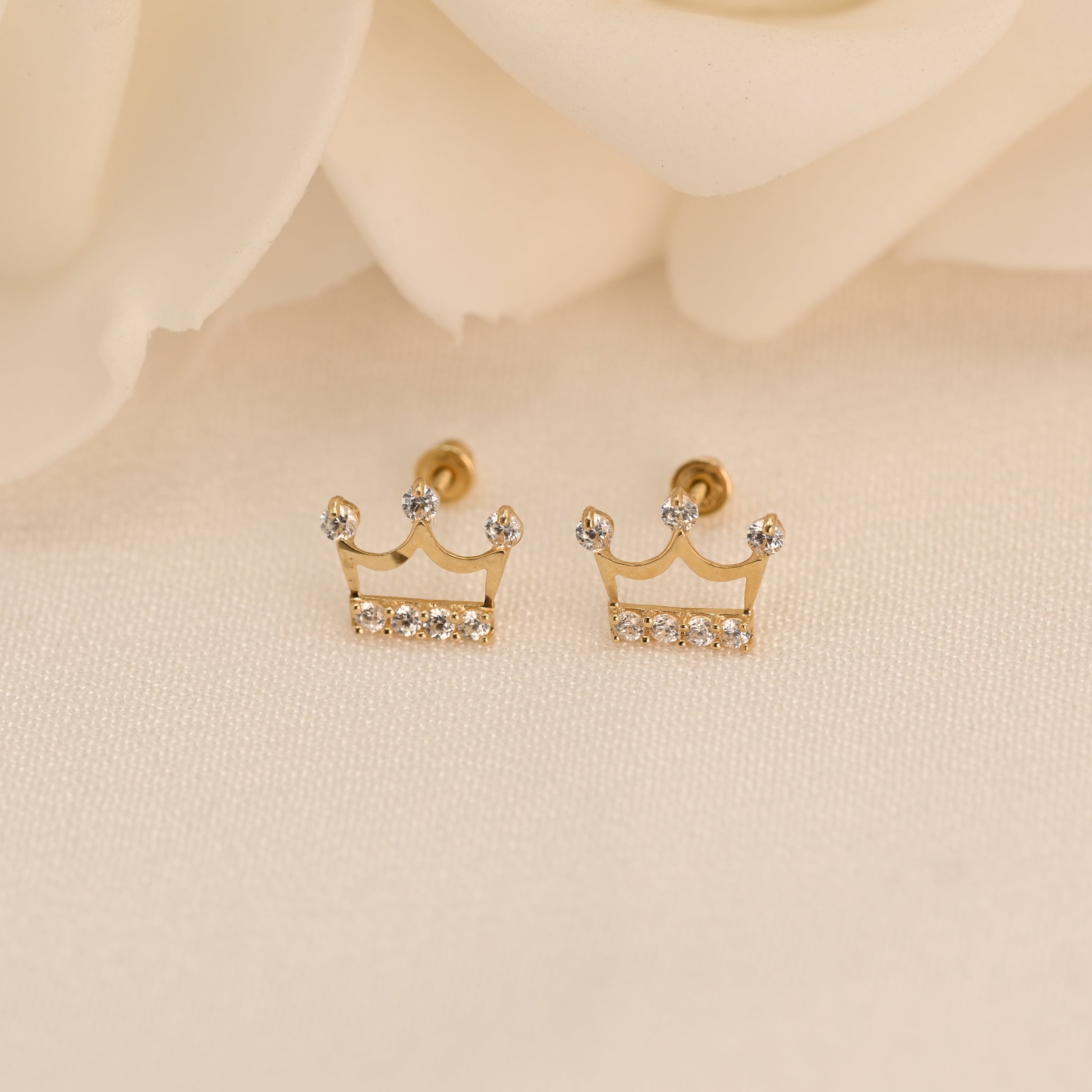 14K Gold CZ Crown Stud Earrings