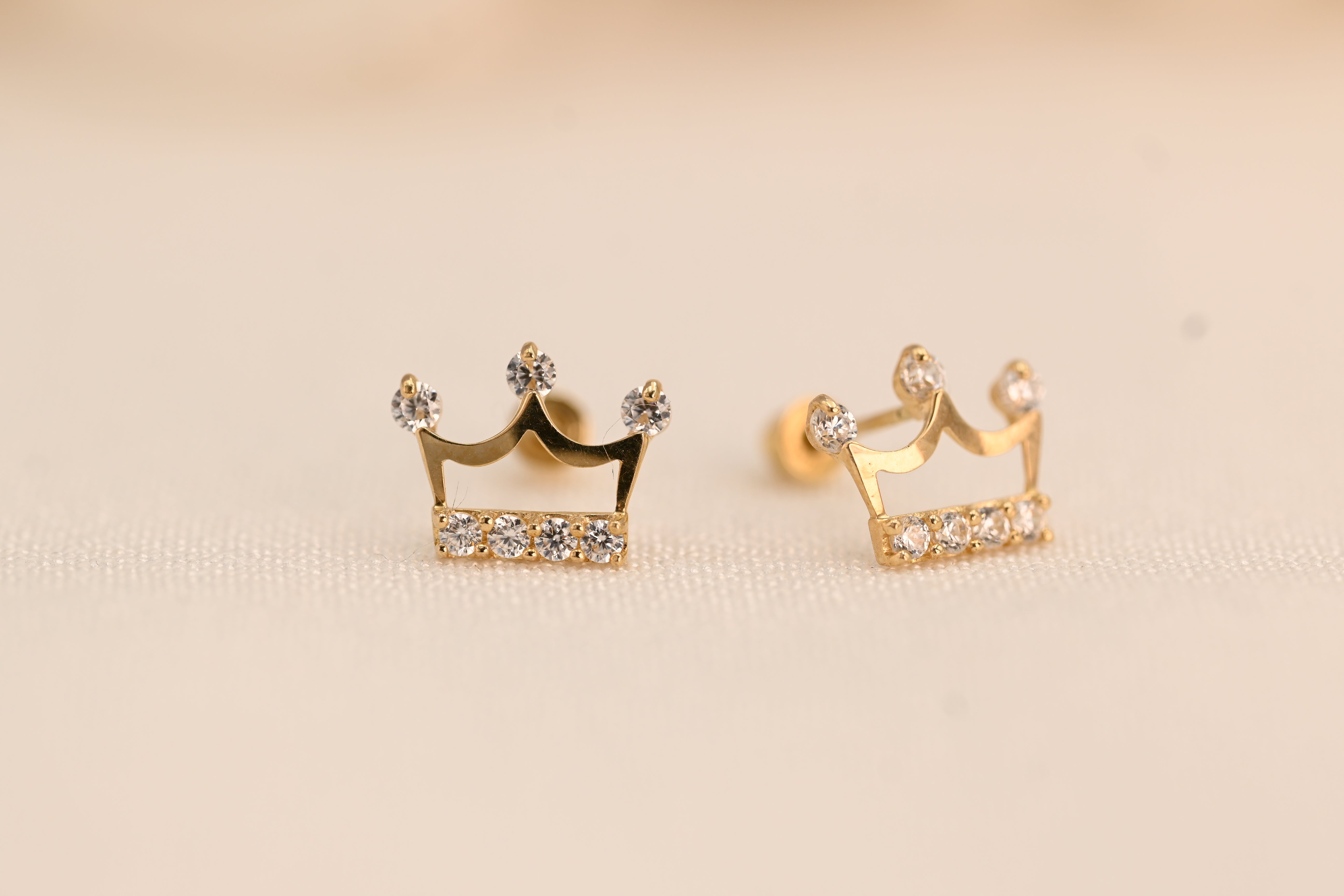 14K Gold CZ Crown Stud Earrings