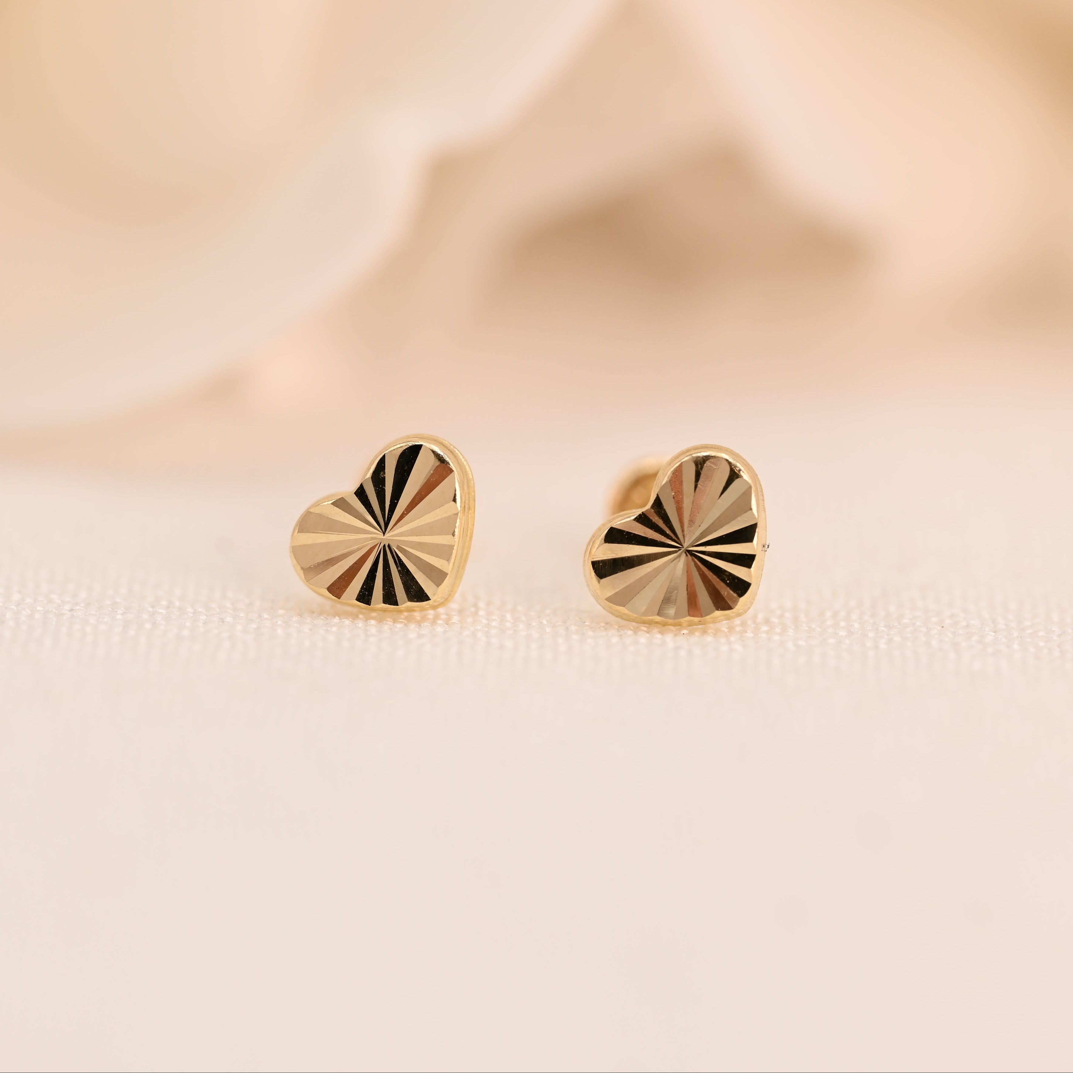 14k Heart Diamond Cut Stud Earrings