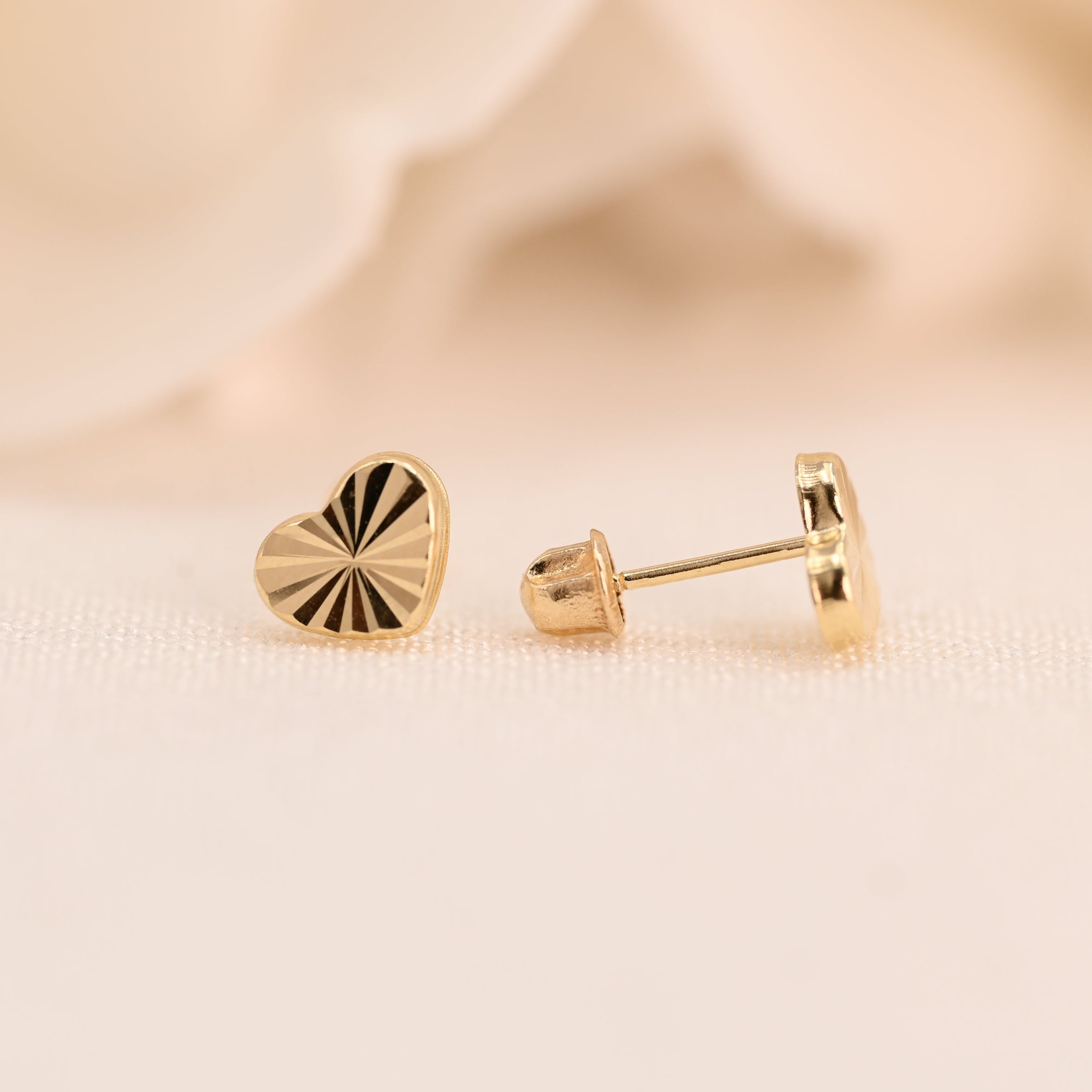 14k Heart Diamond Cut Stud Earrings