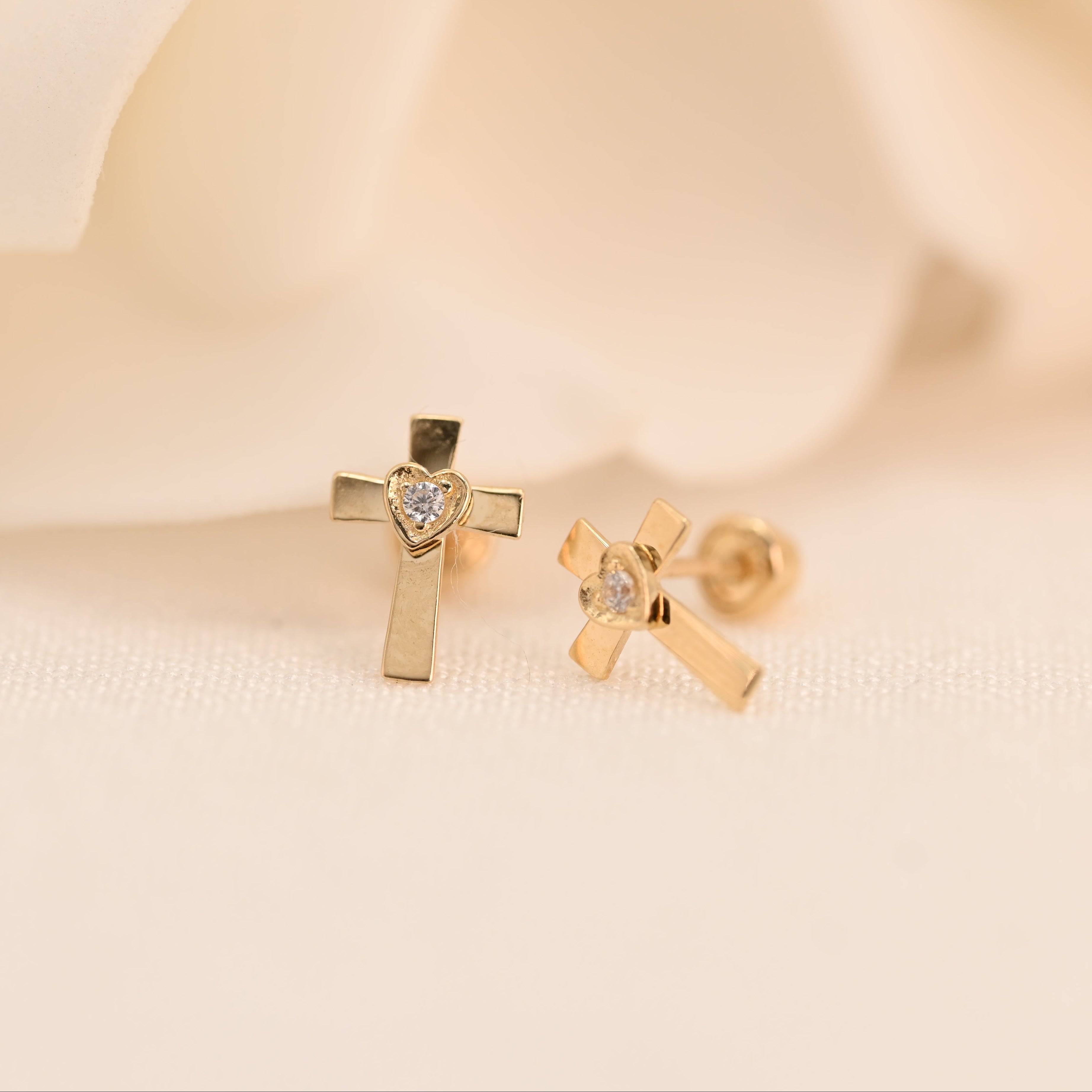 14k Cross Heart Stud Earrings