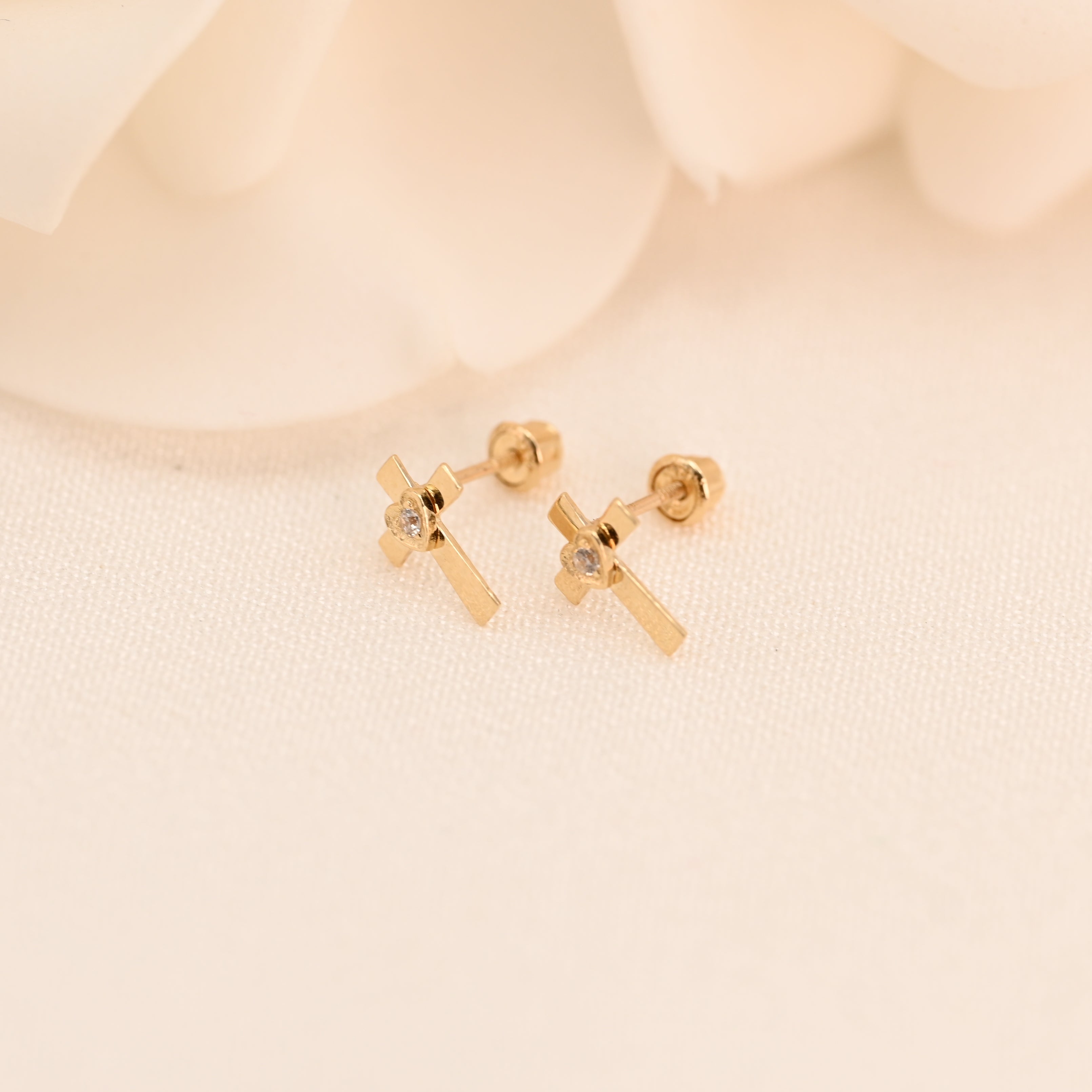 14k Cross Heart Stud Earrings