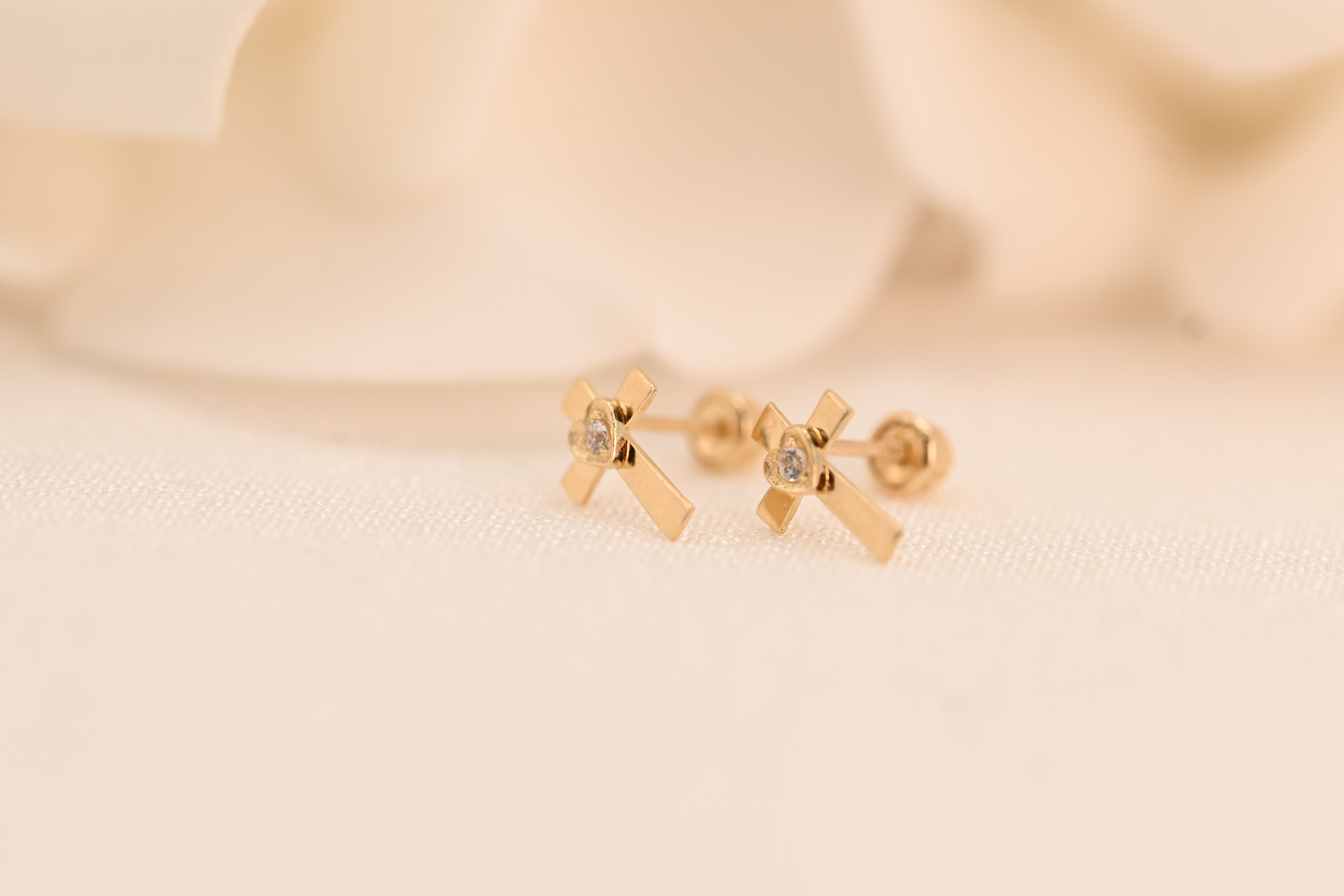 14k Cross Heart Stud Earrings