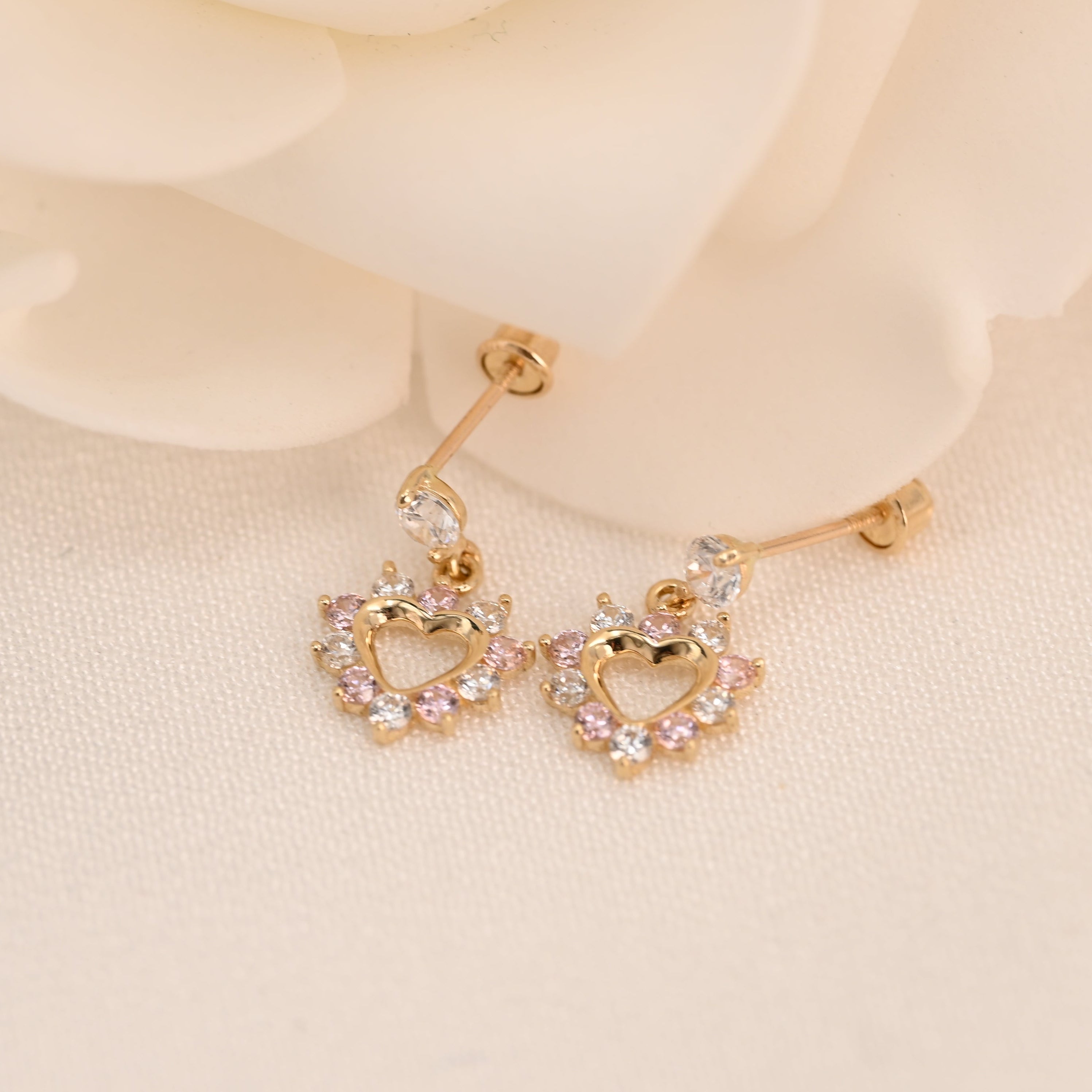 14k Heart Halo Drop Stud Earrings