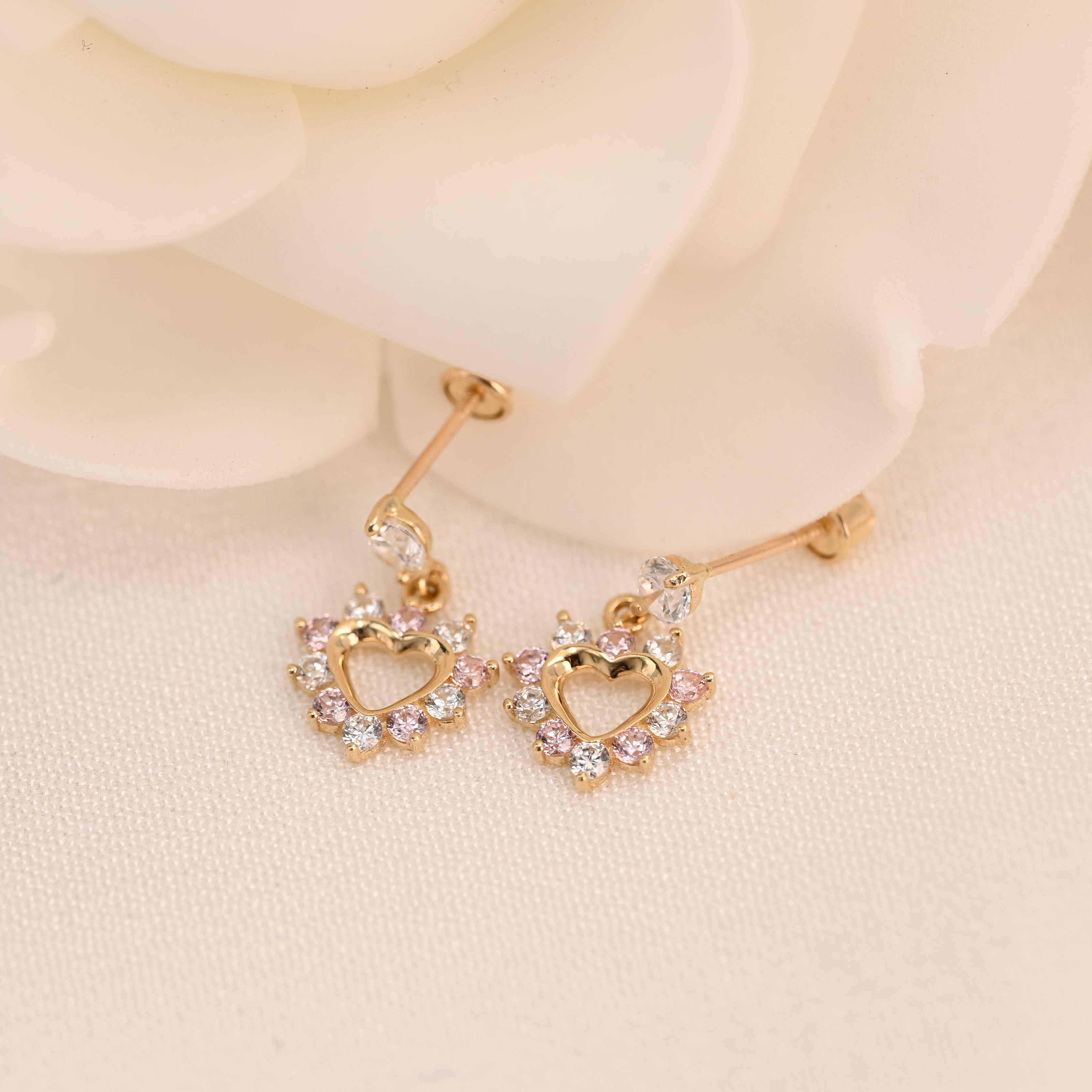 14k Heart Halo Drop Stud Earrings