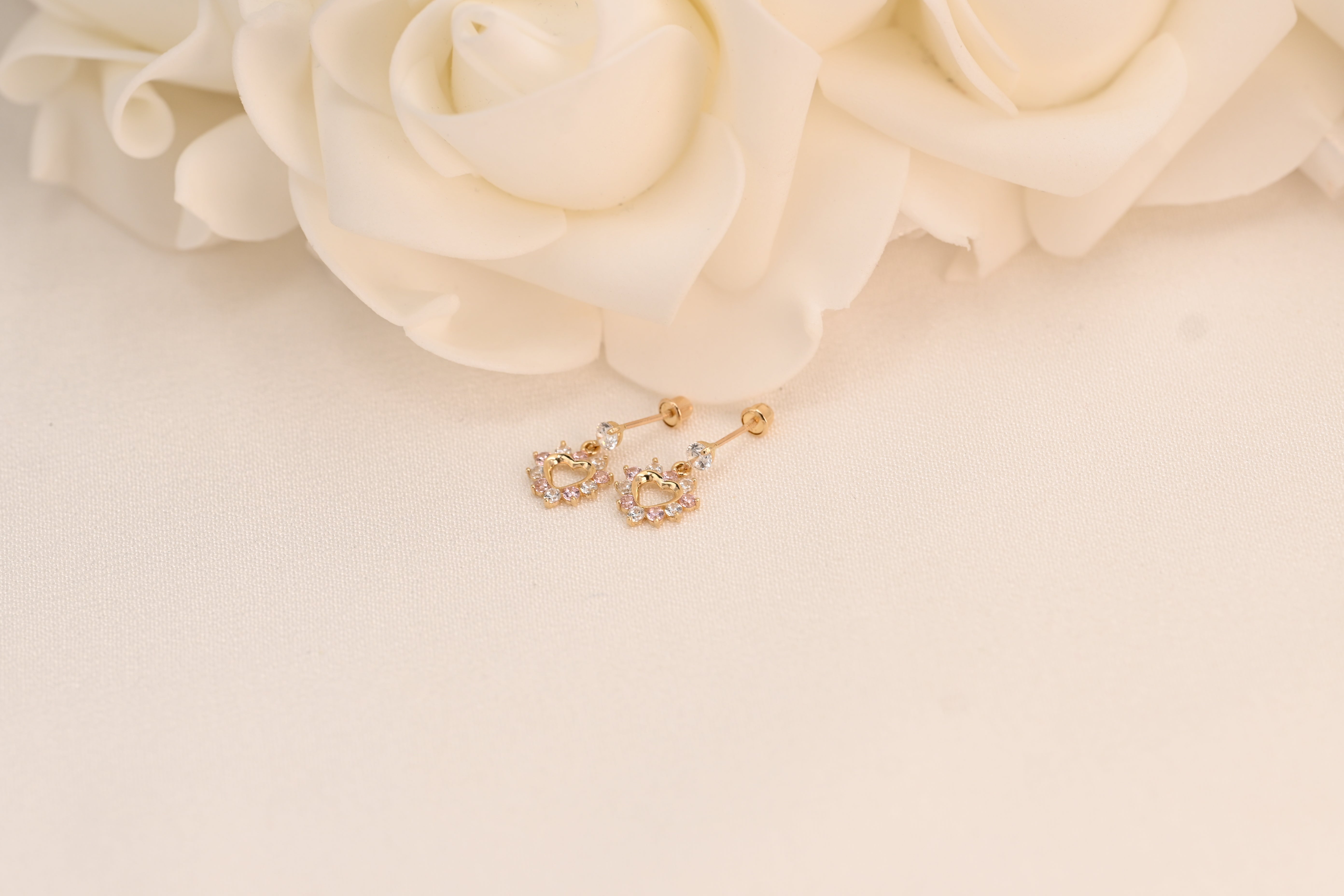 14k Heart Halo Drop Stud Earrings
