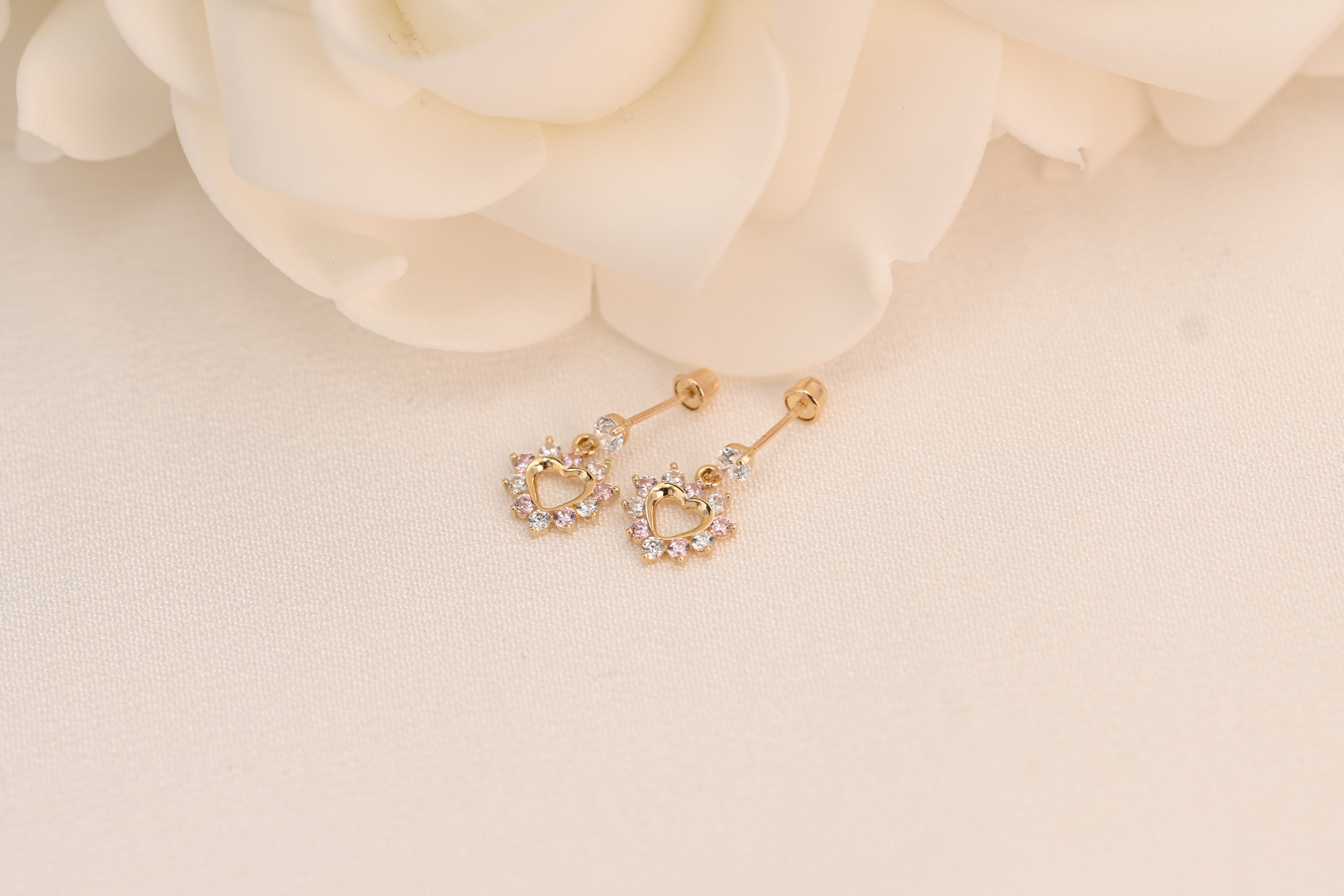 14k Heart Halo Drop Stud Earrings