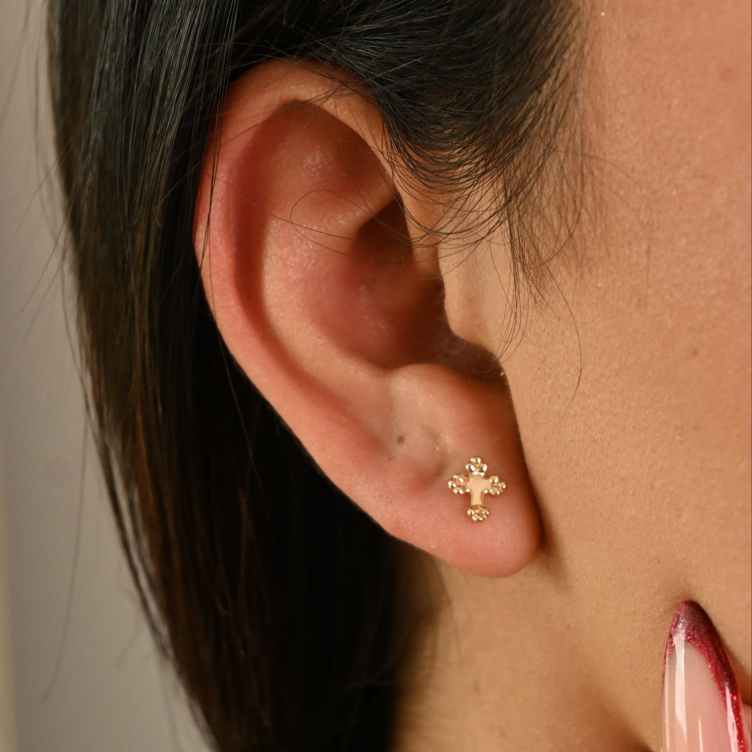 14k Beaded Cross Earring