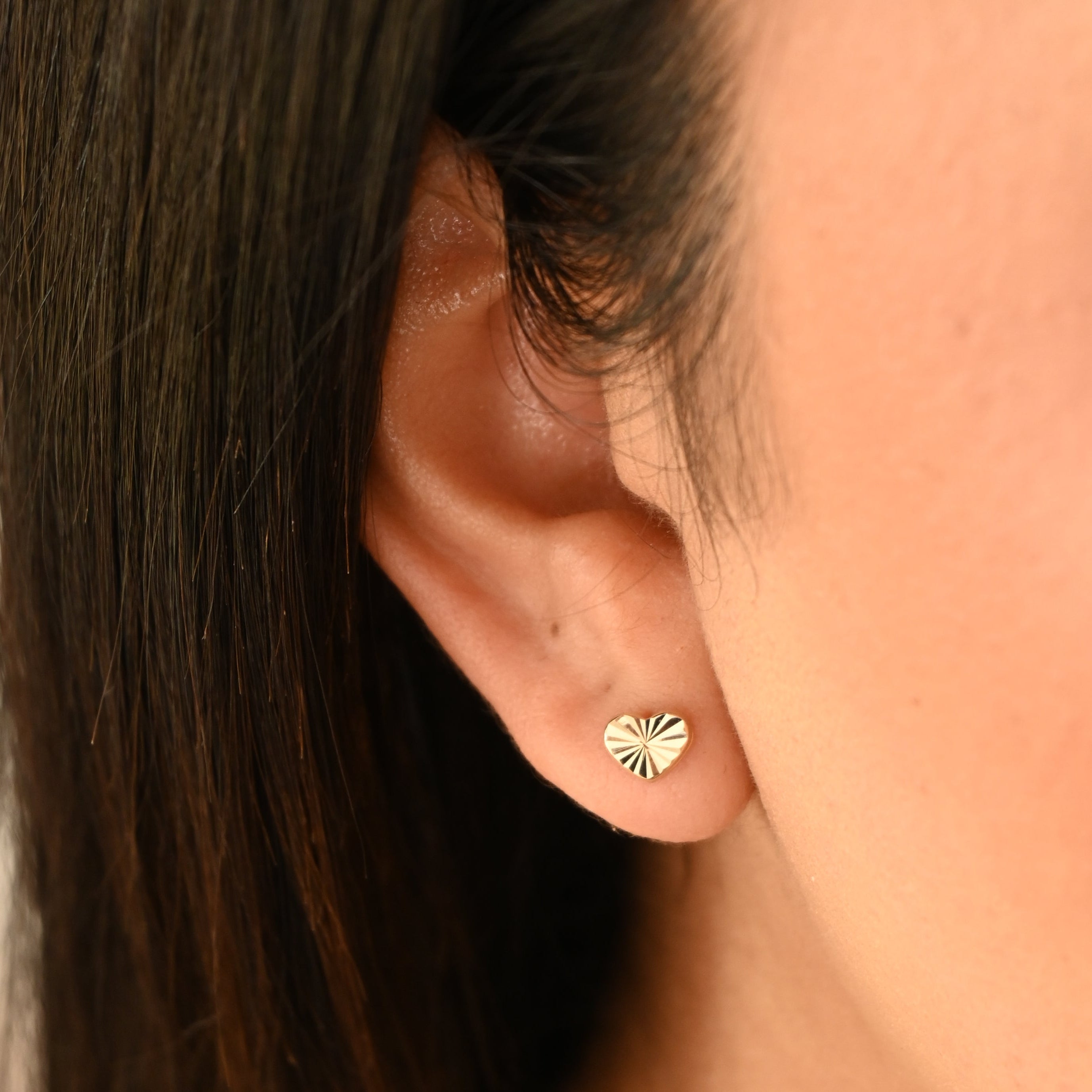 14k Heart Diamond Cut Stud Earrings