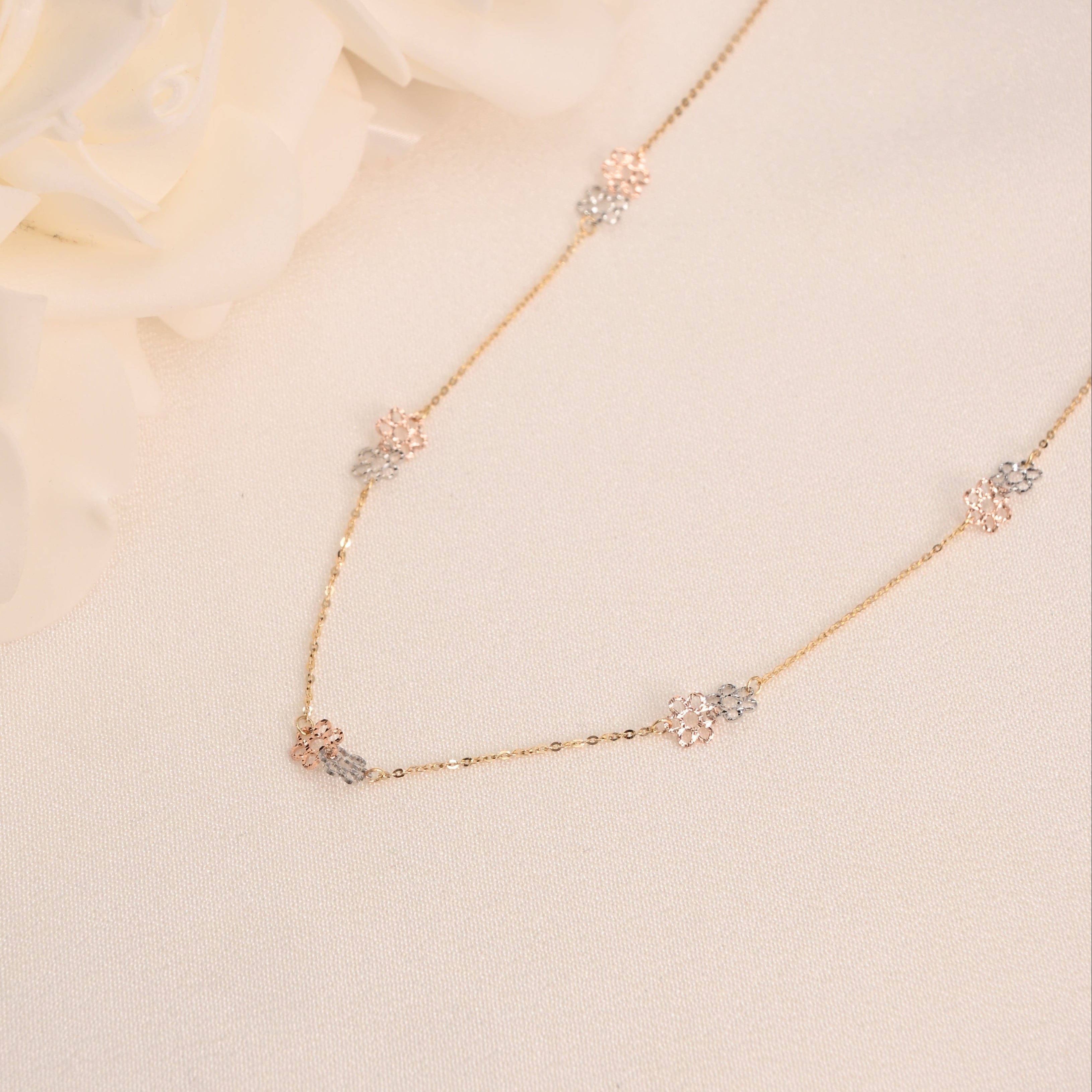 14K Tricolor Flower Necklace 16"+2" Adjustable