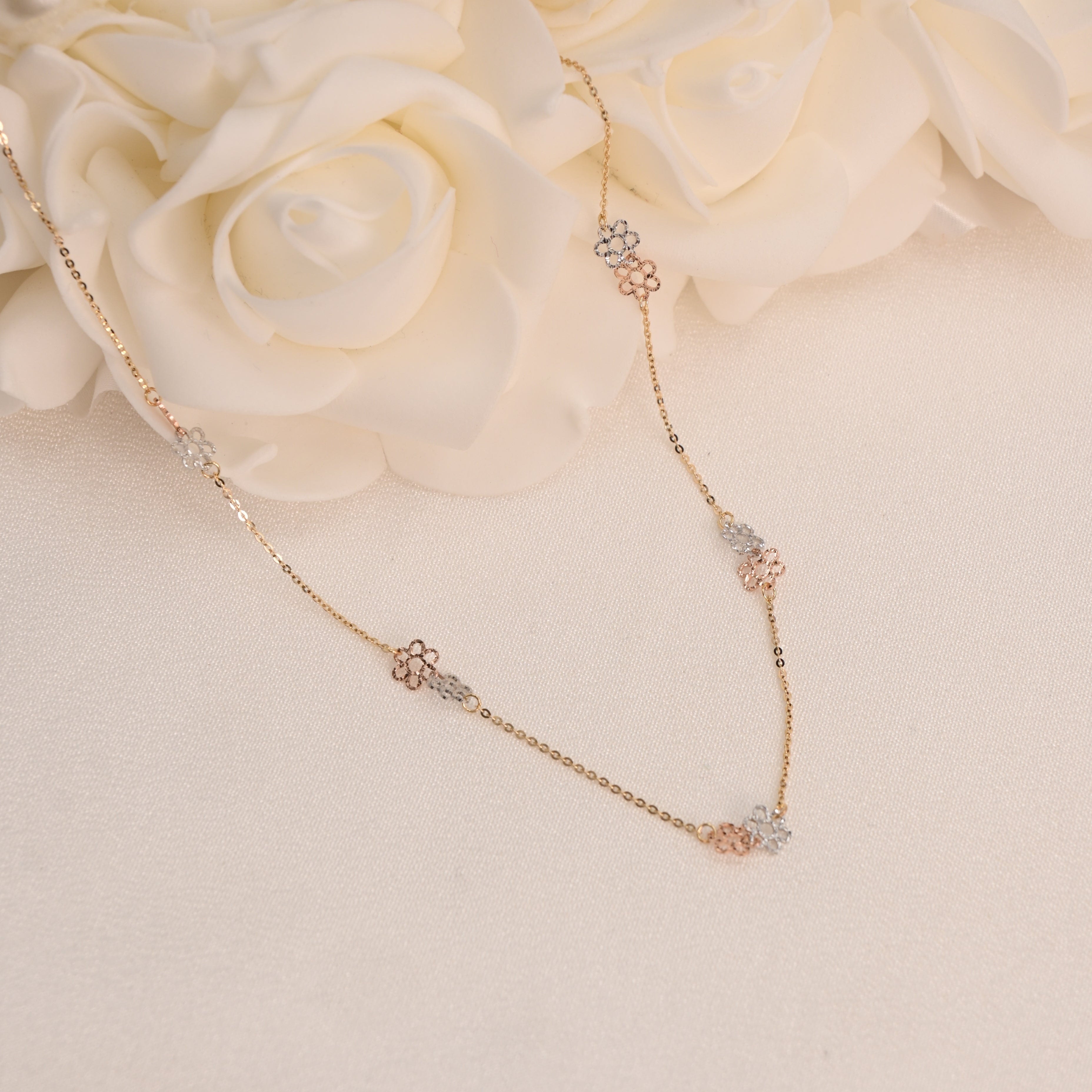14K Tricolor Flower Necklace 16"+2" Adjustable