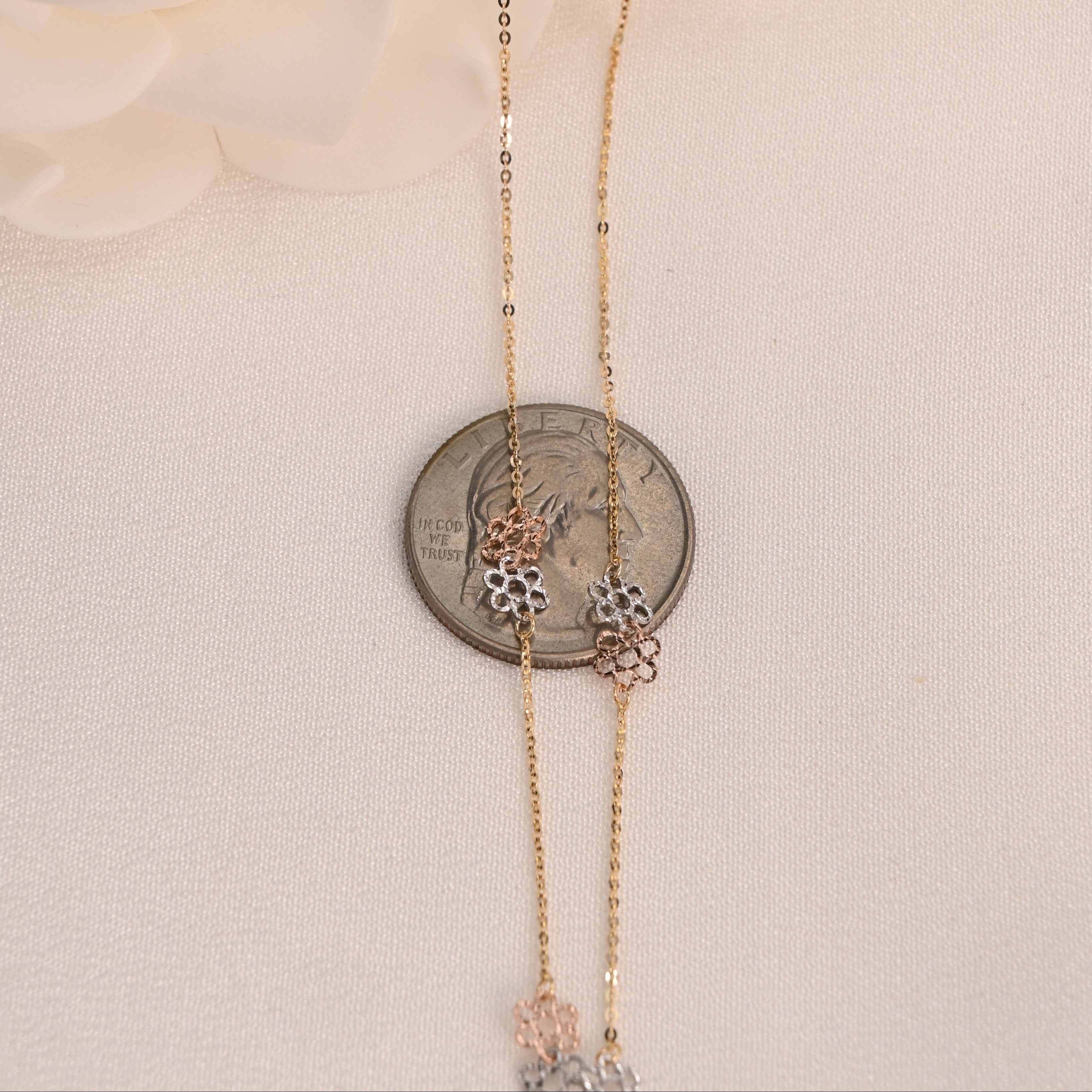14K Tricolor Flower Necklace 16"+2" Adjustable