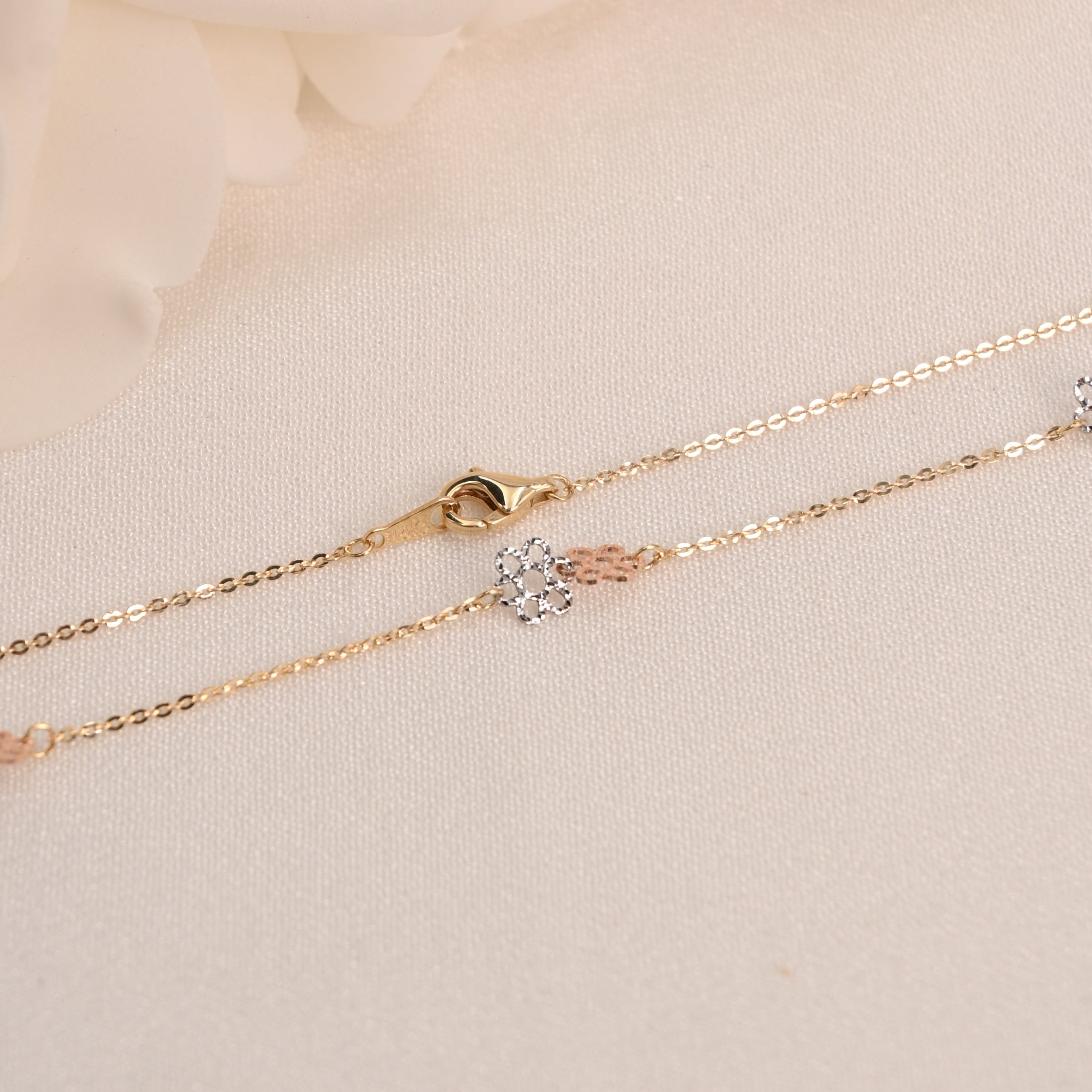 14K Tricolor Flower Necklace 16"+2" Adjustable