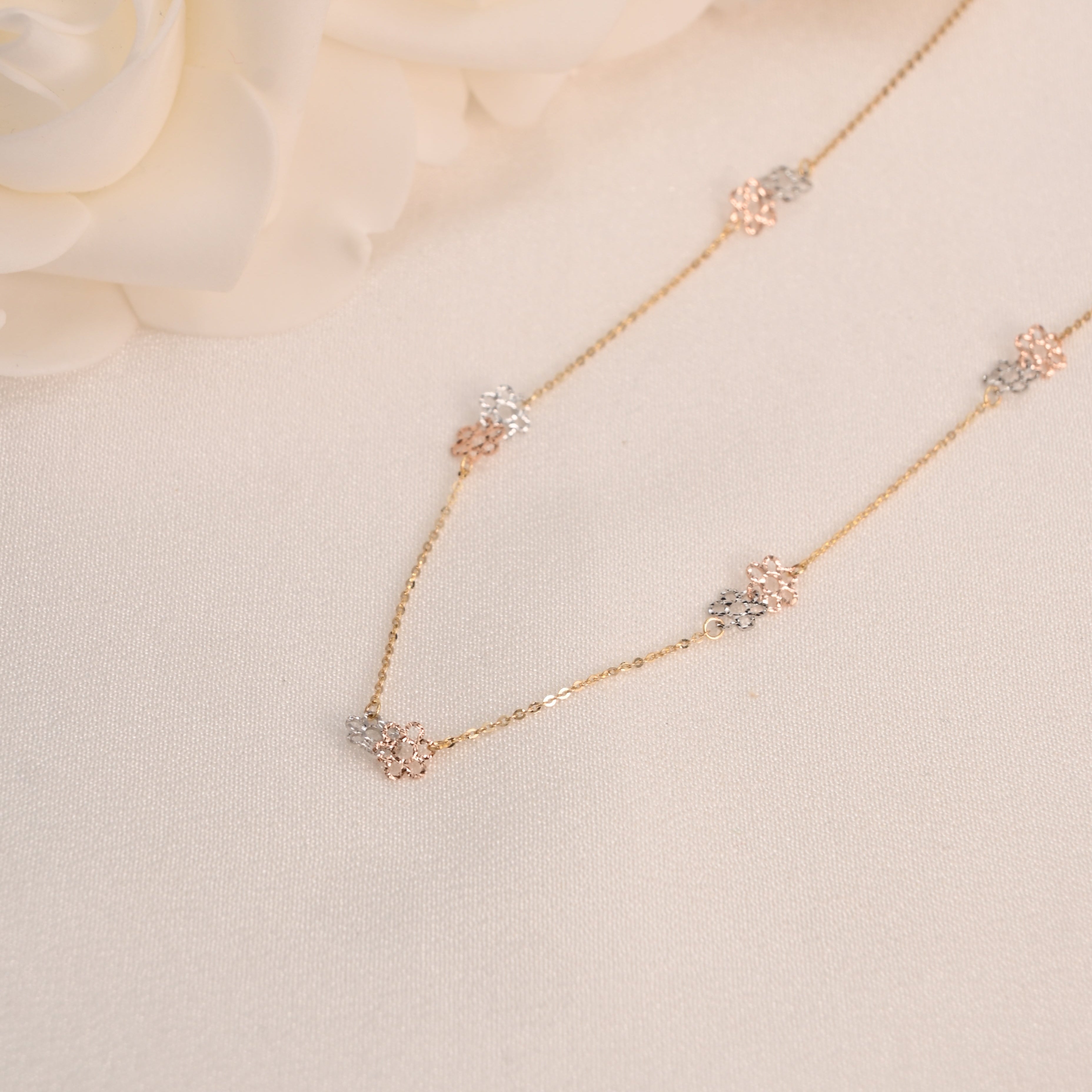 14K Tricolor Flower Necklace 16"+2" Adjustable