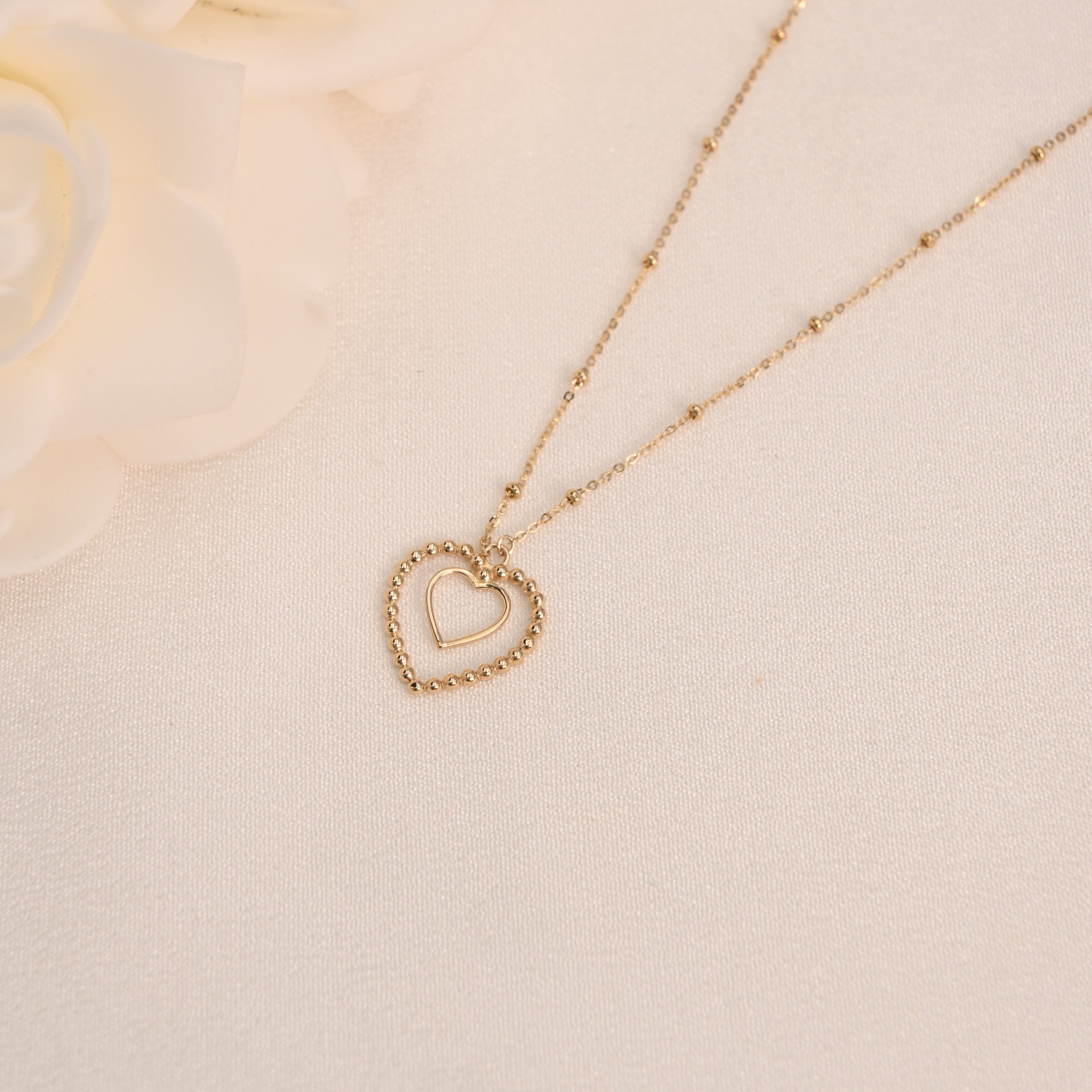 14K Beaded Heart Necklace (Adjustable)