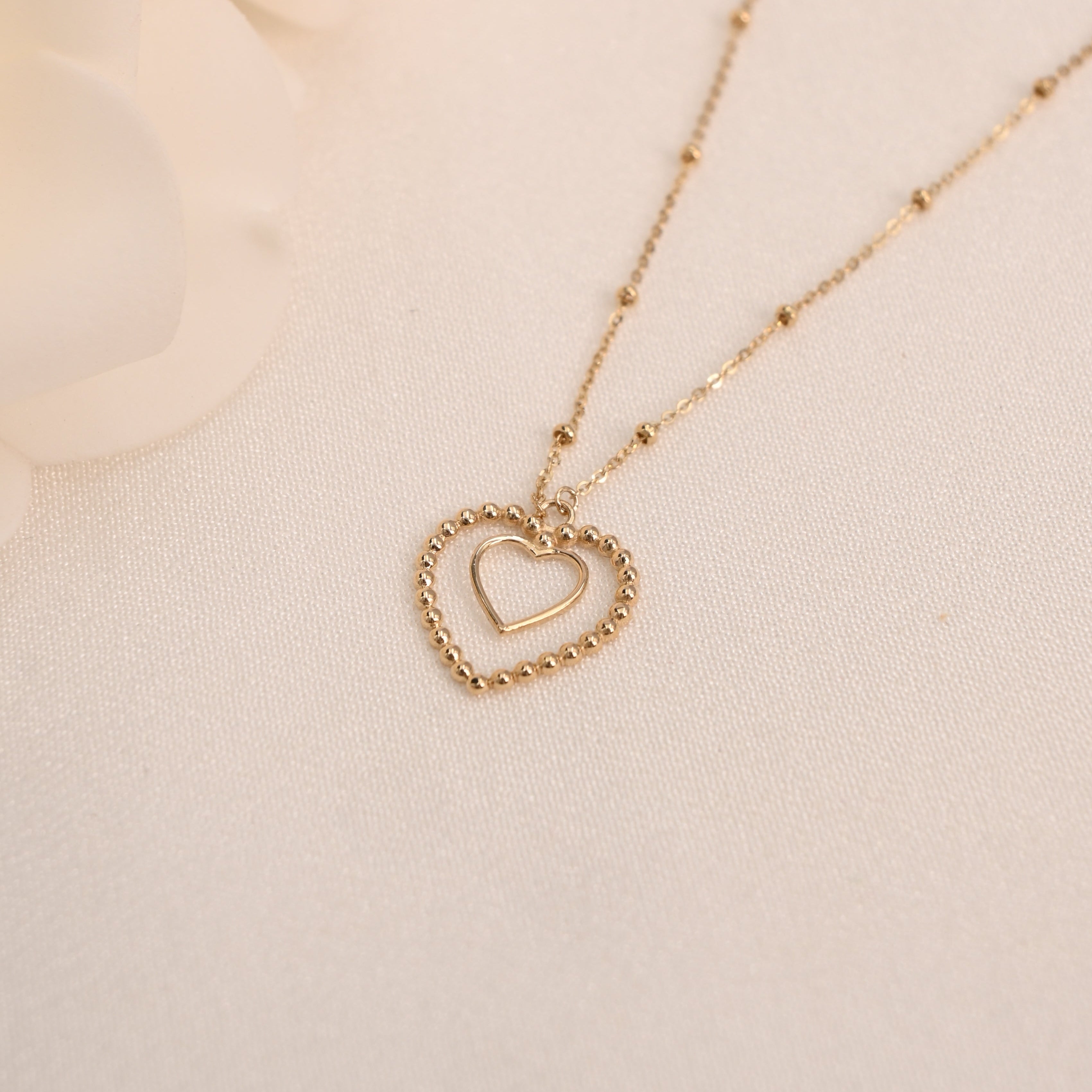 14K Beaded Heart Necklace (Adjustable)