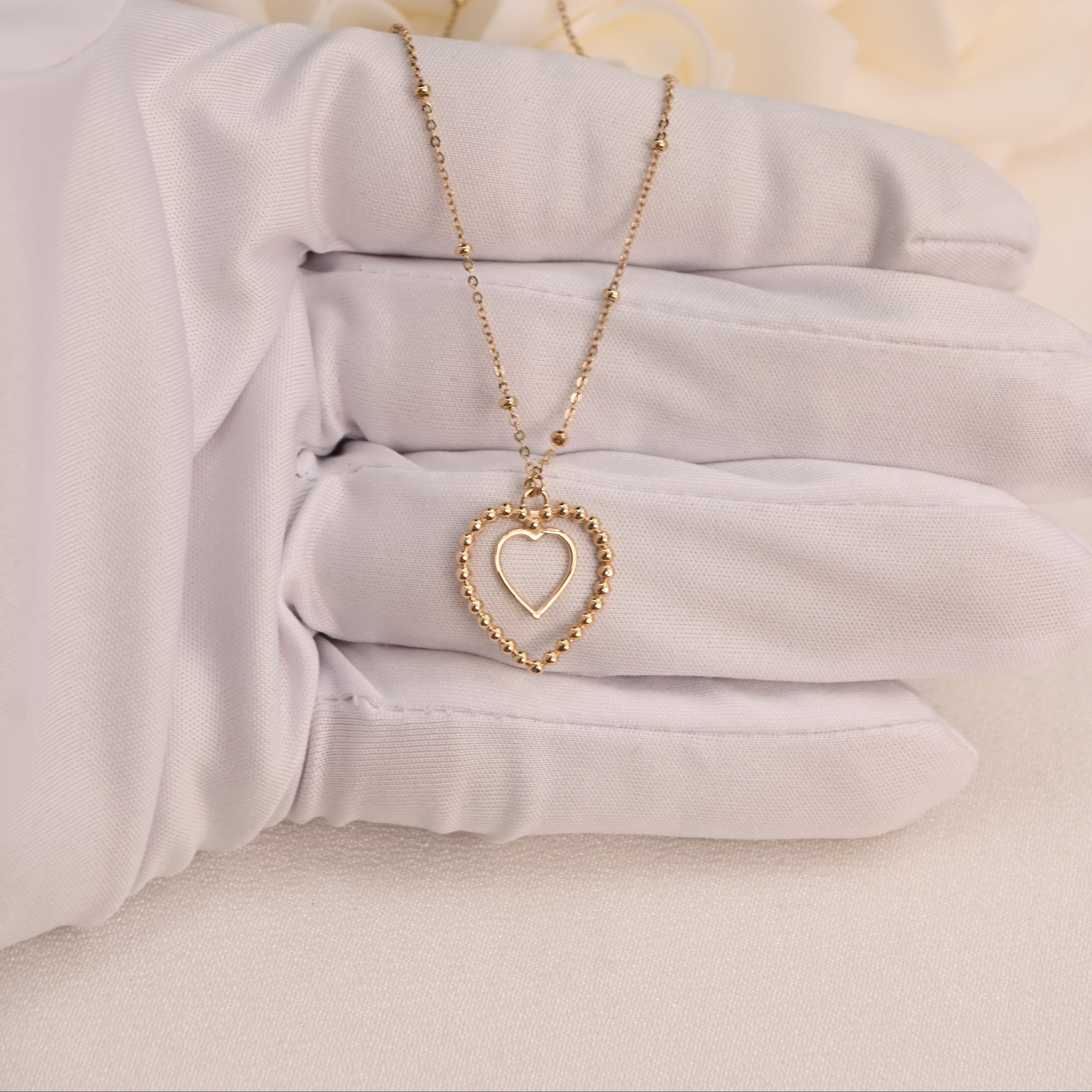 14K Beaded Heart Necklace (Adjustable)