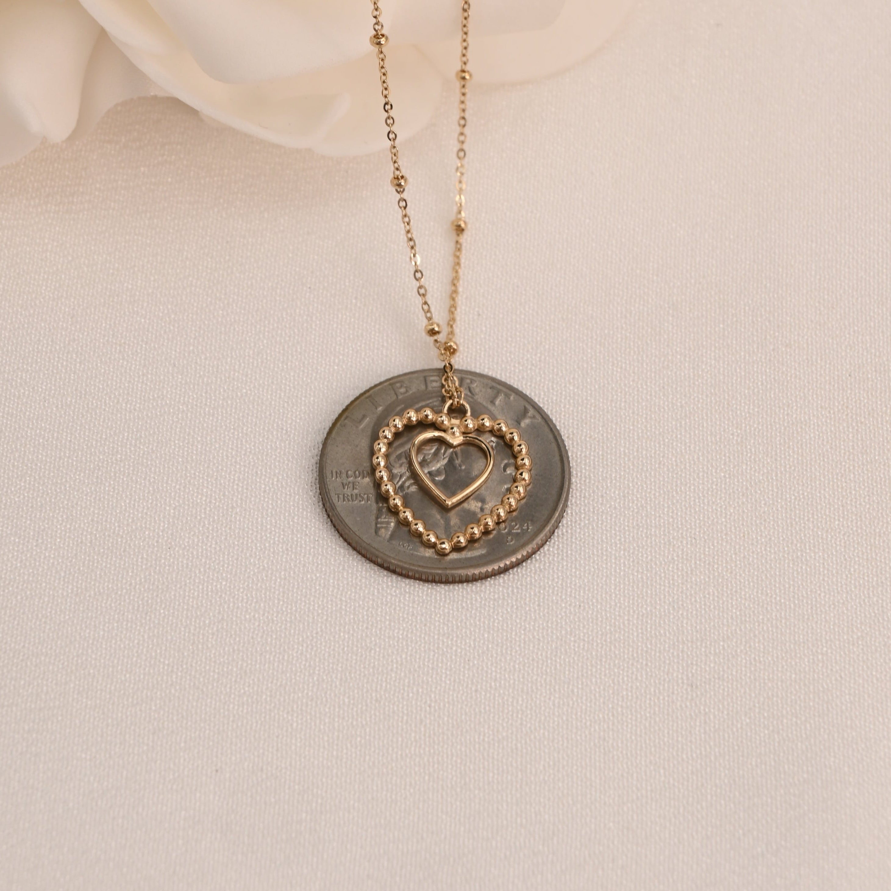 14K Beaded Heart Necklace (Adjustable)