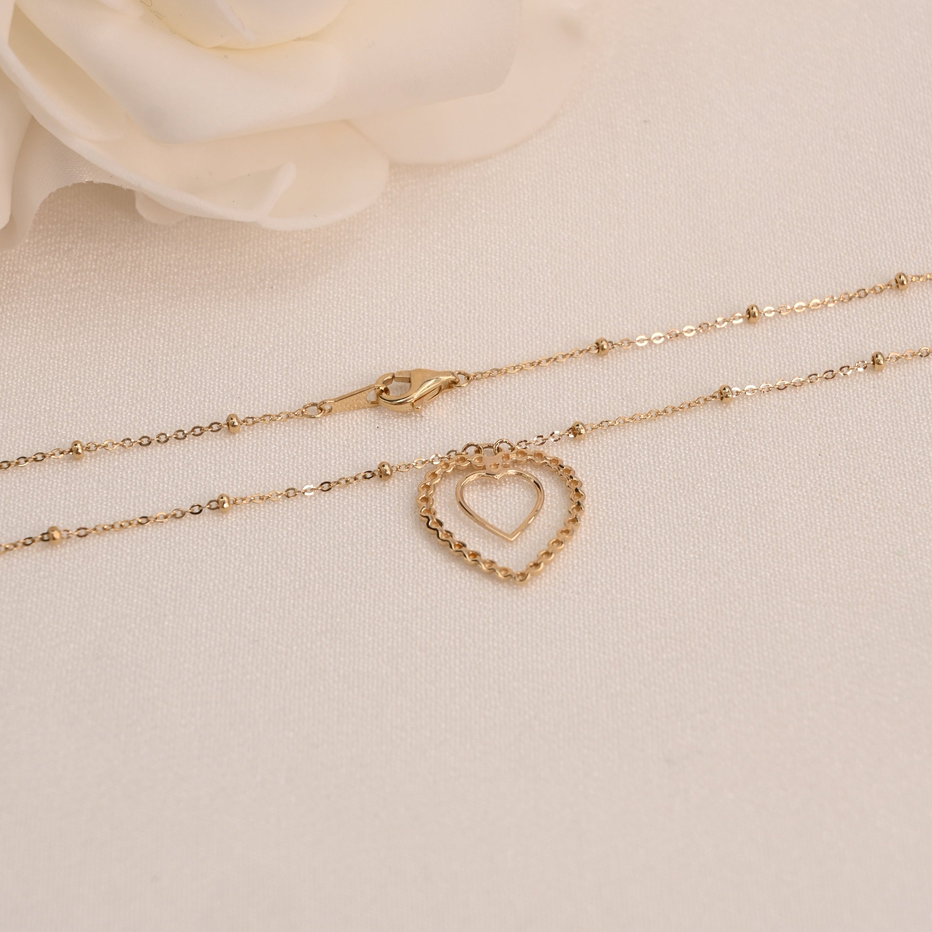 14K Beaded Heart Necklace (Adjustable)