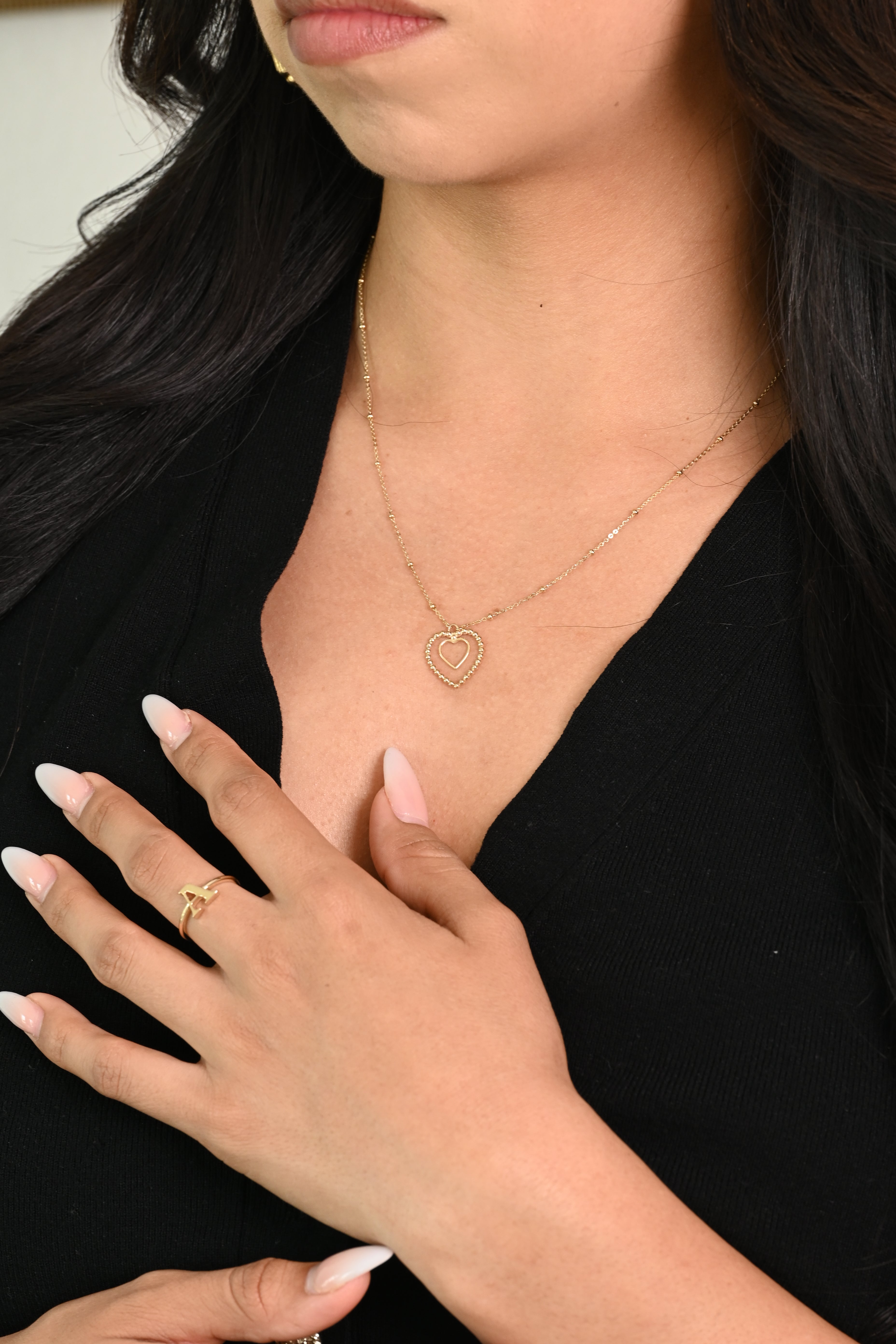 14K Beaded Heart Necklace (Adjustable)