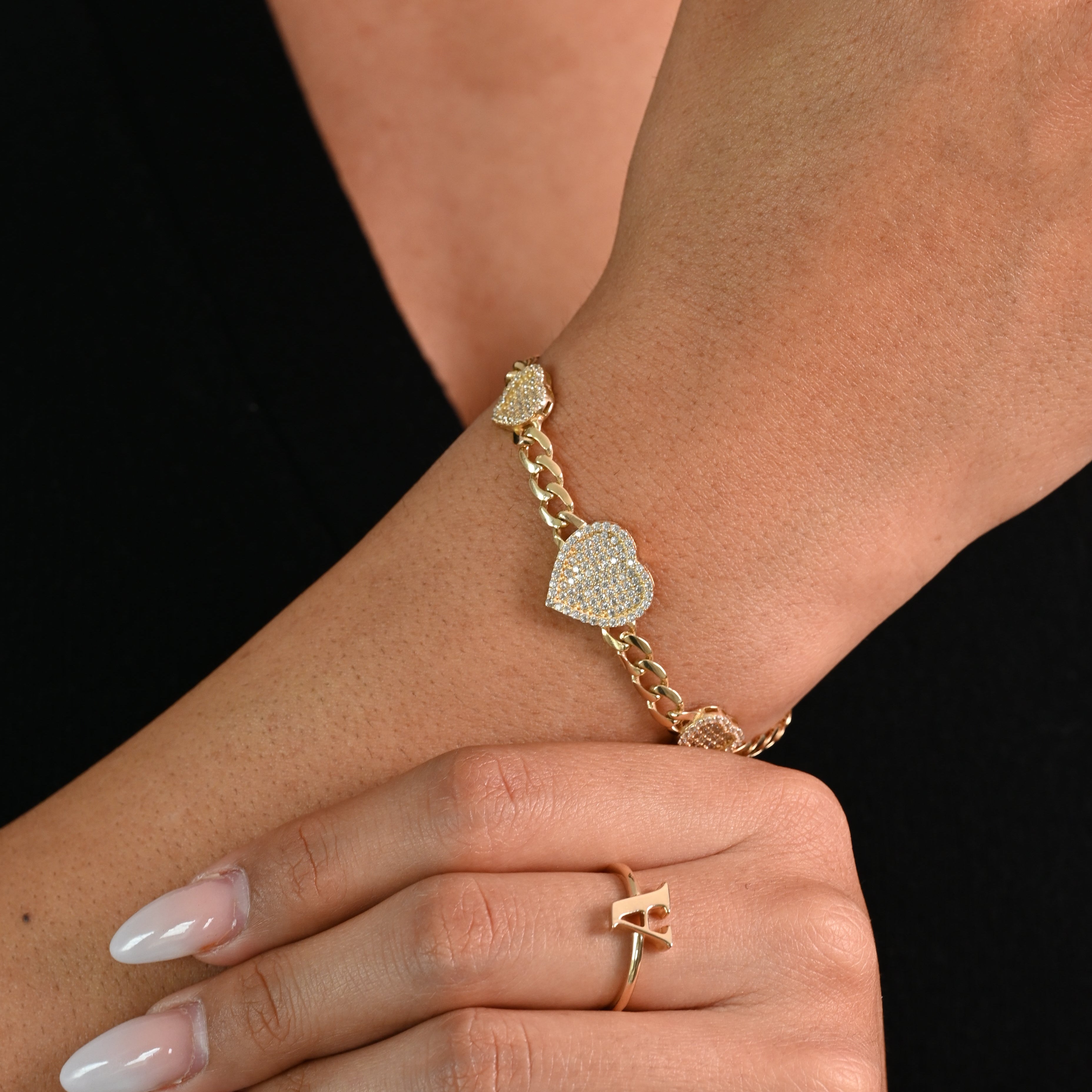 14K CZ Heart Curb Bracelet