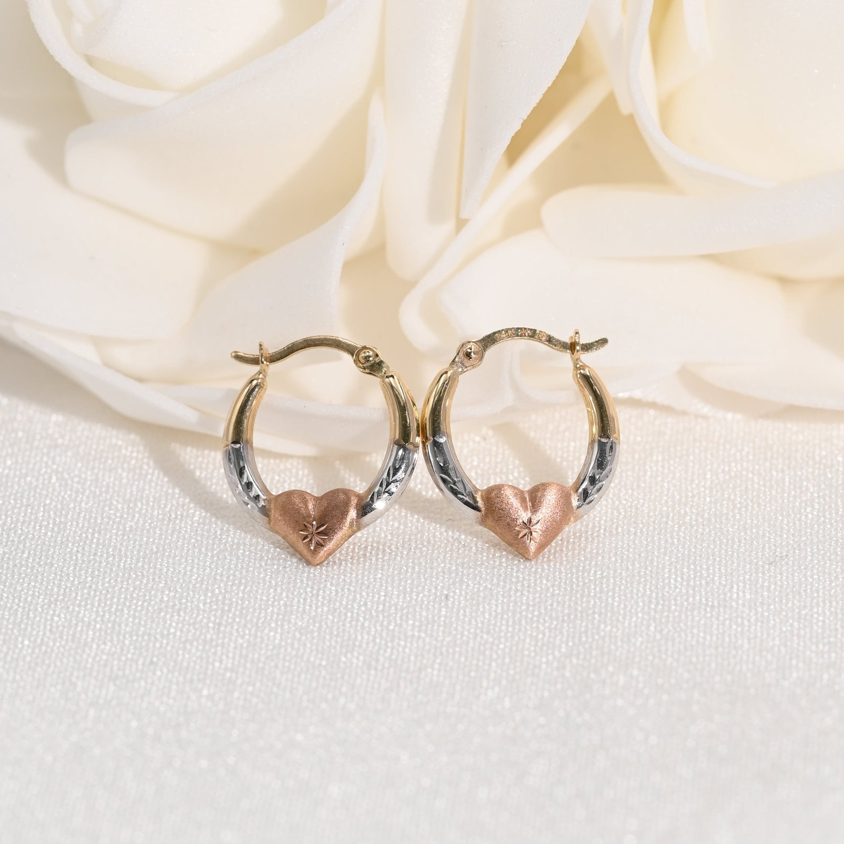 14k Tricolor Heart Hoop Earrings