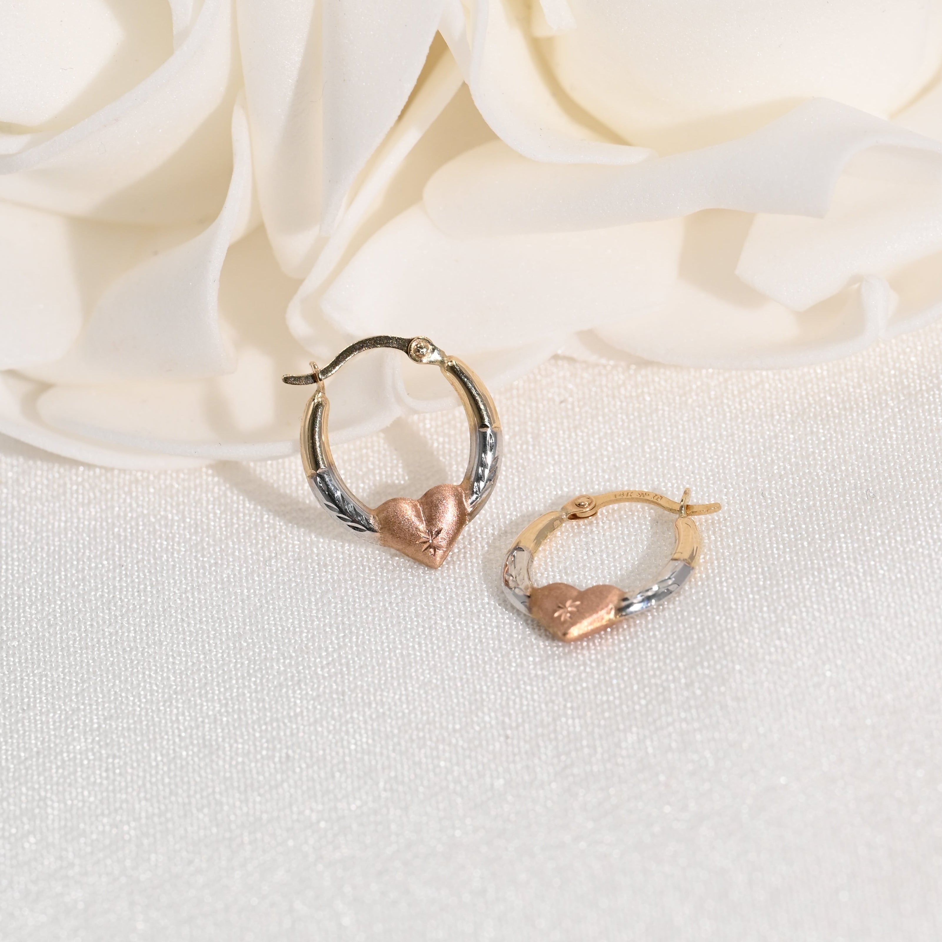 14k Tricolor Heart Hoop Earrings