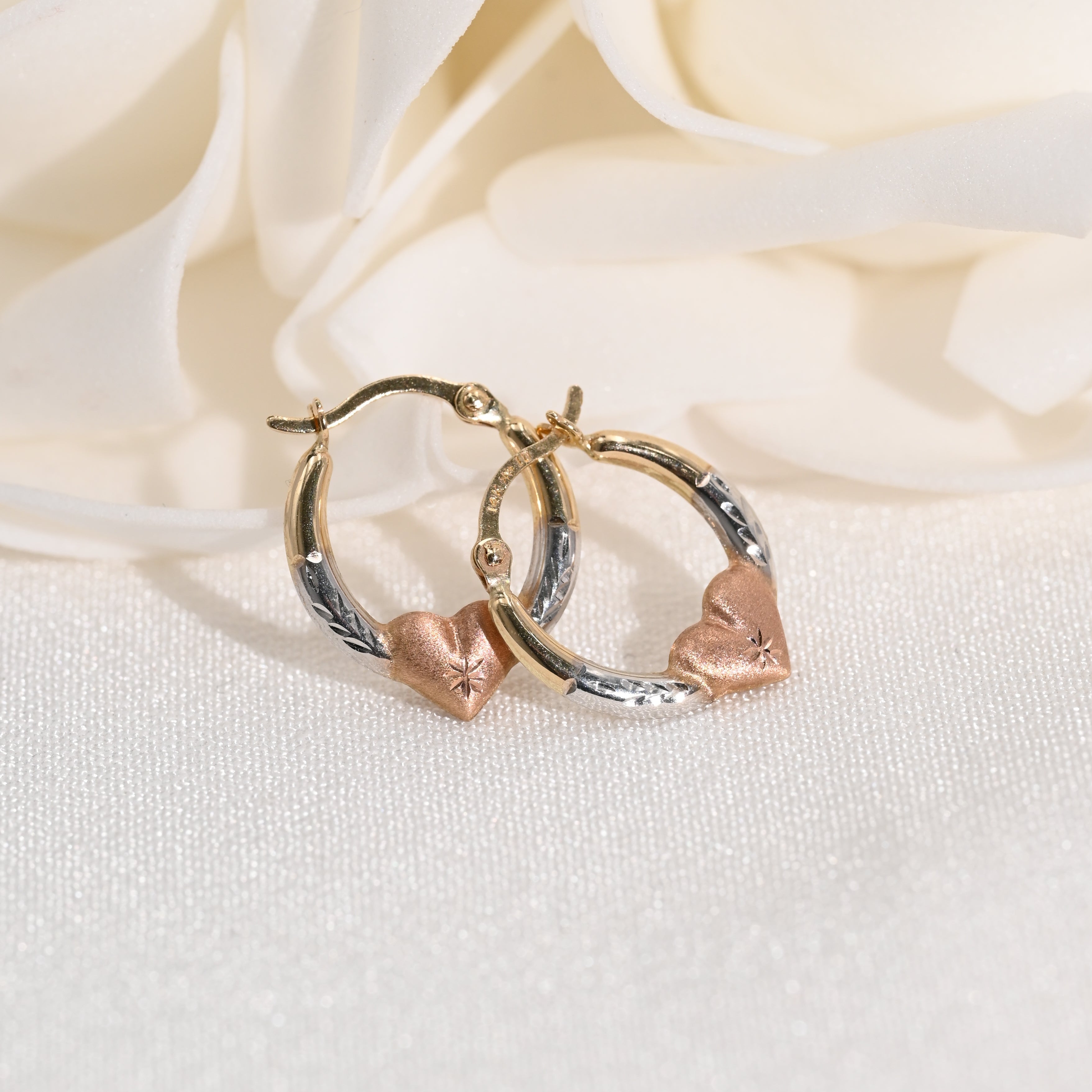 14k Tricolor Heart Hoop Earrings