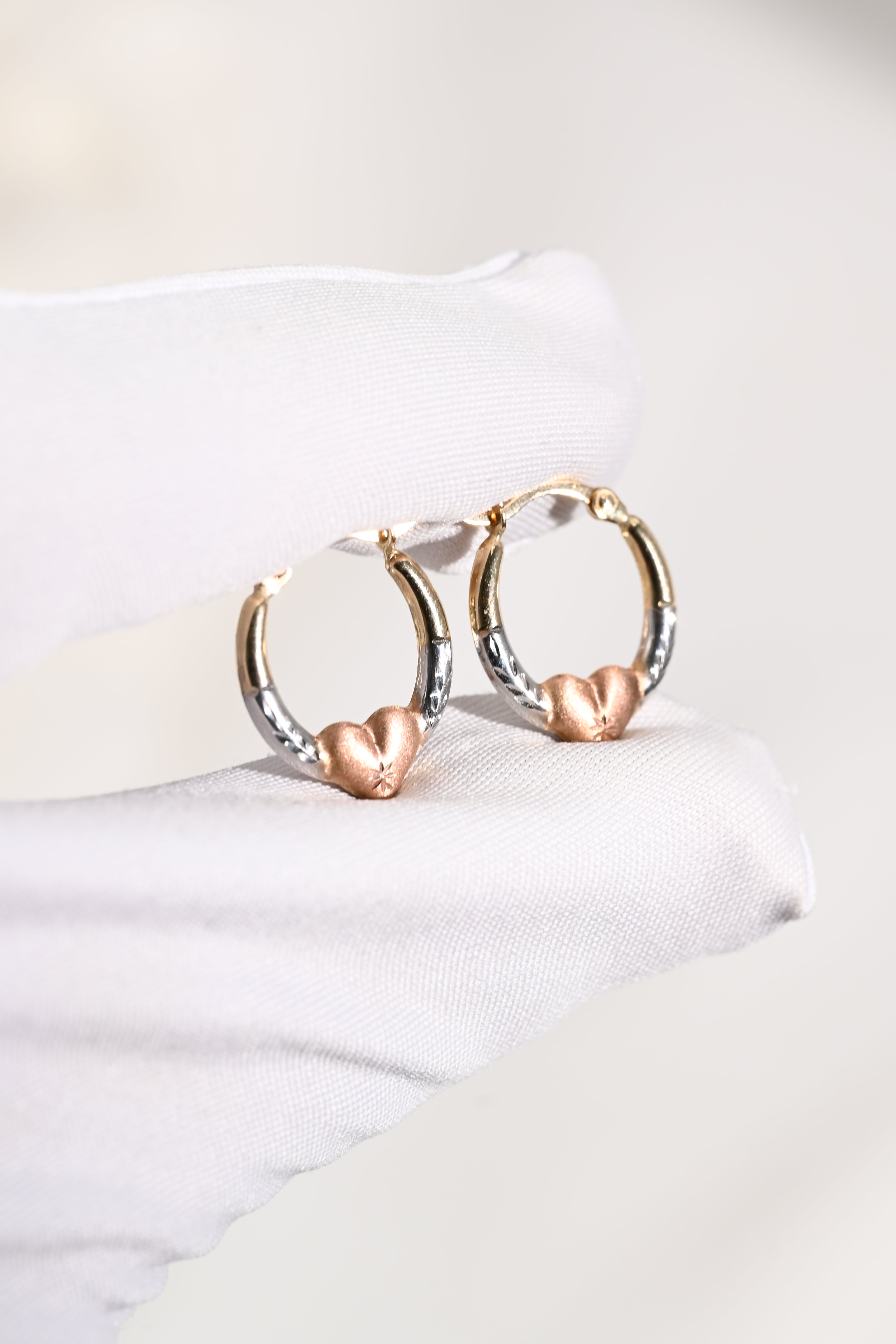14k Tricolor Heart Hoop Earrings