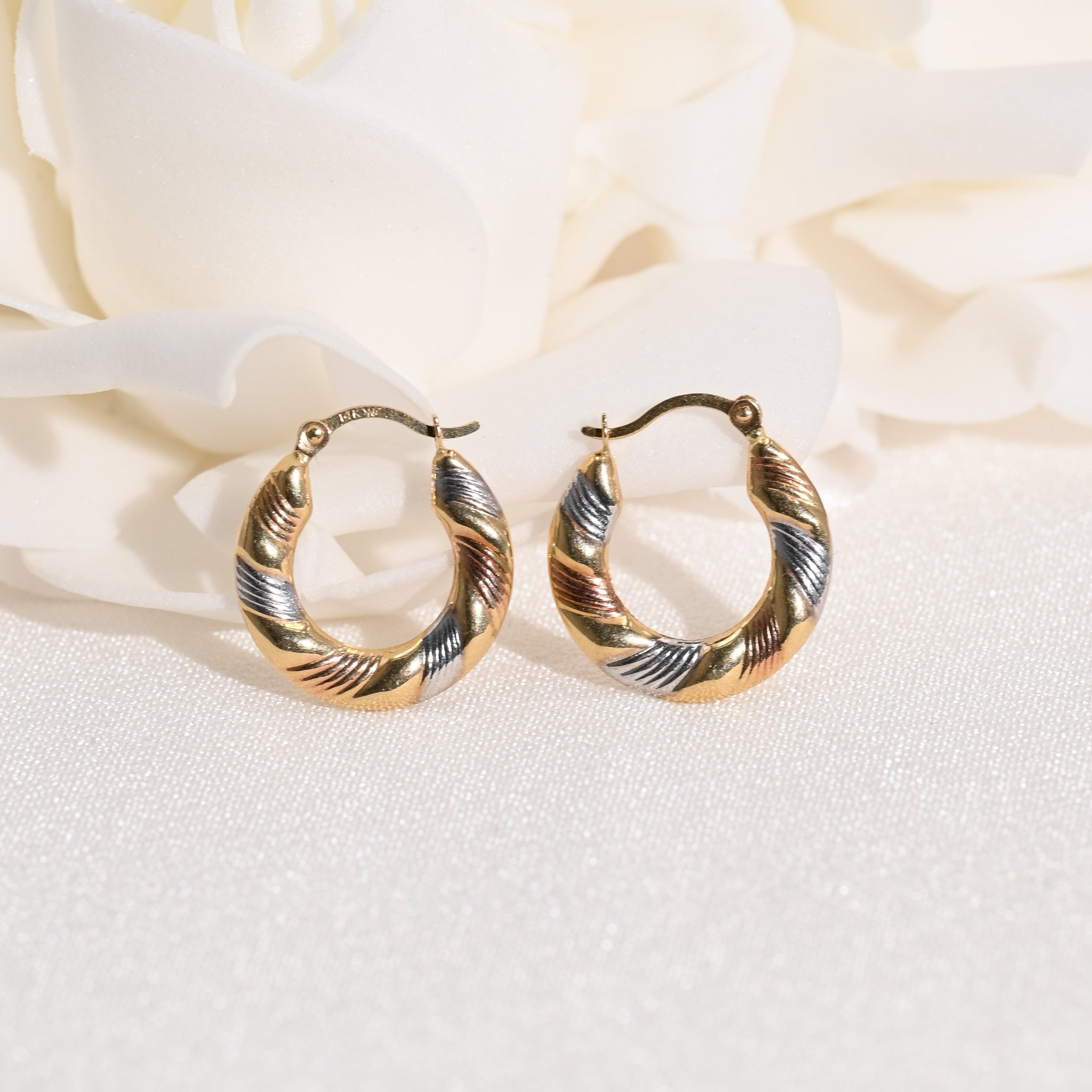 14k Textured Tricolor Hoop Earrings