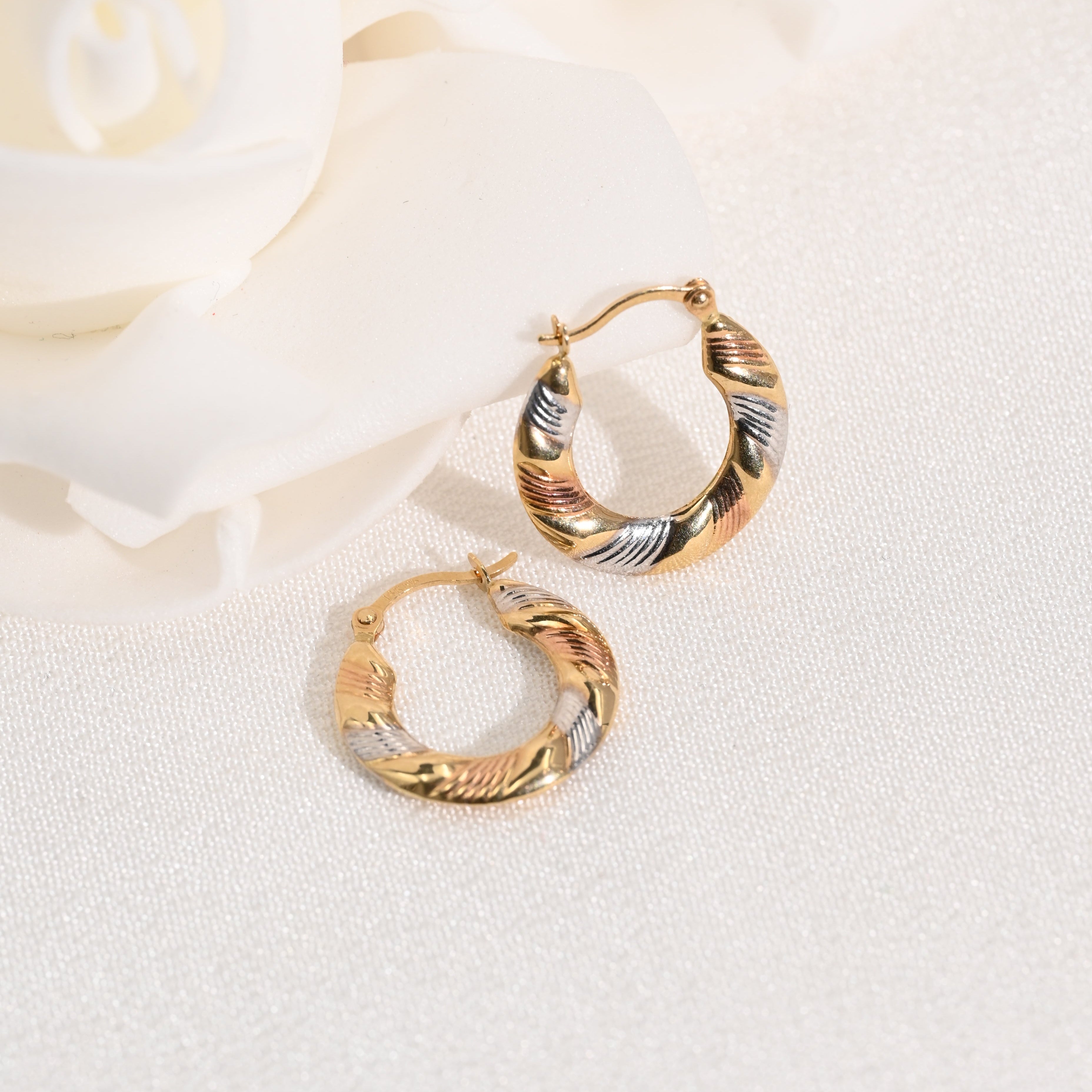 14k Textured Tricolor Hoop Earrings