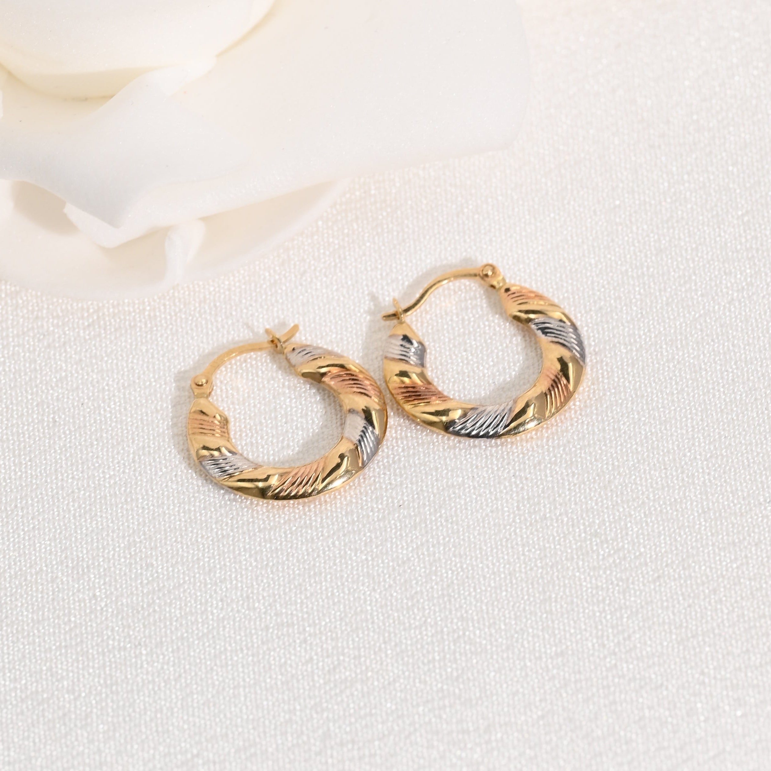 14k Textured Tricolor Hoop Earrings