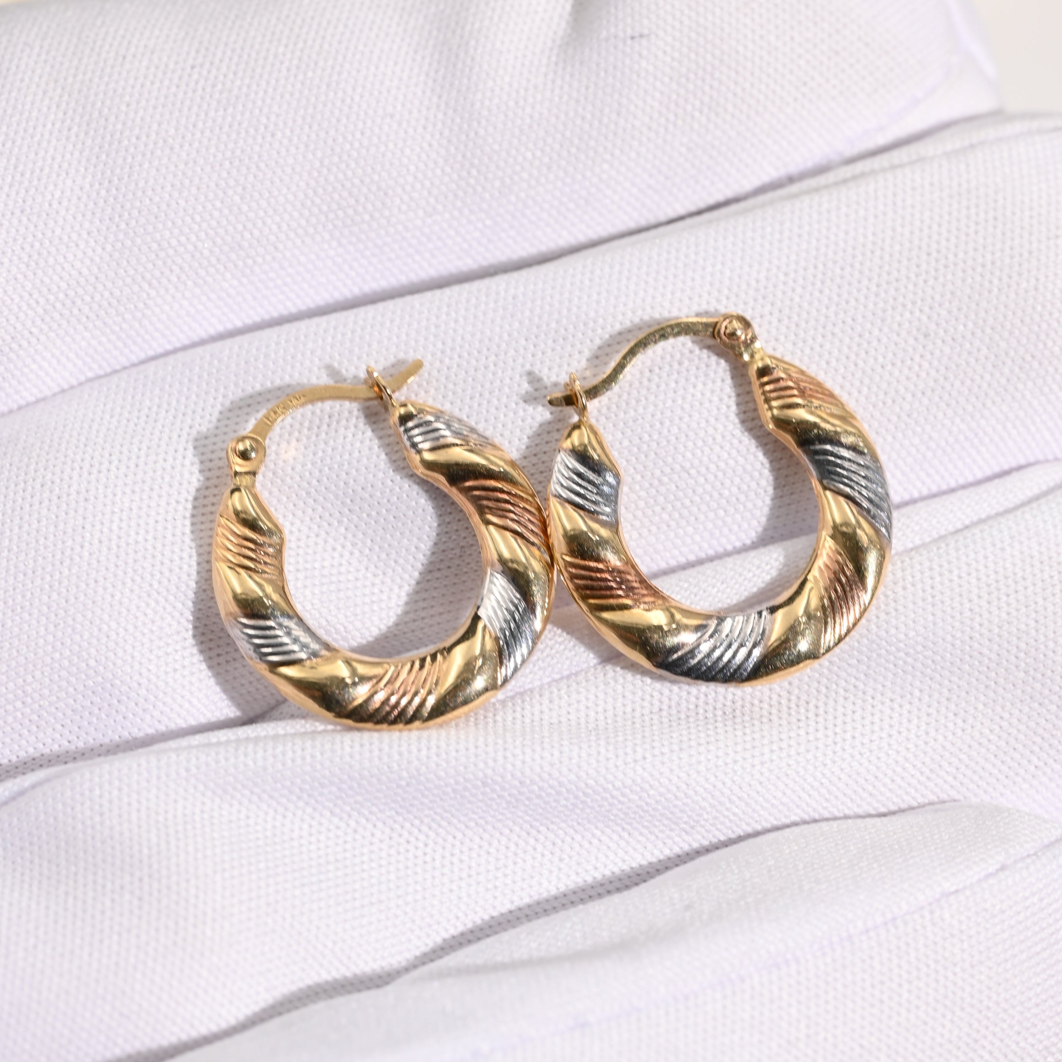 14k Textured Tricolor Hoop Earrings