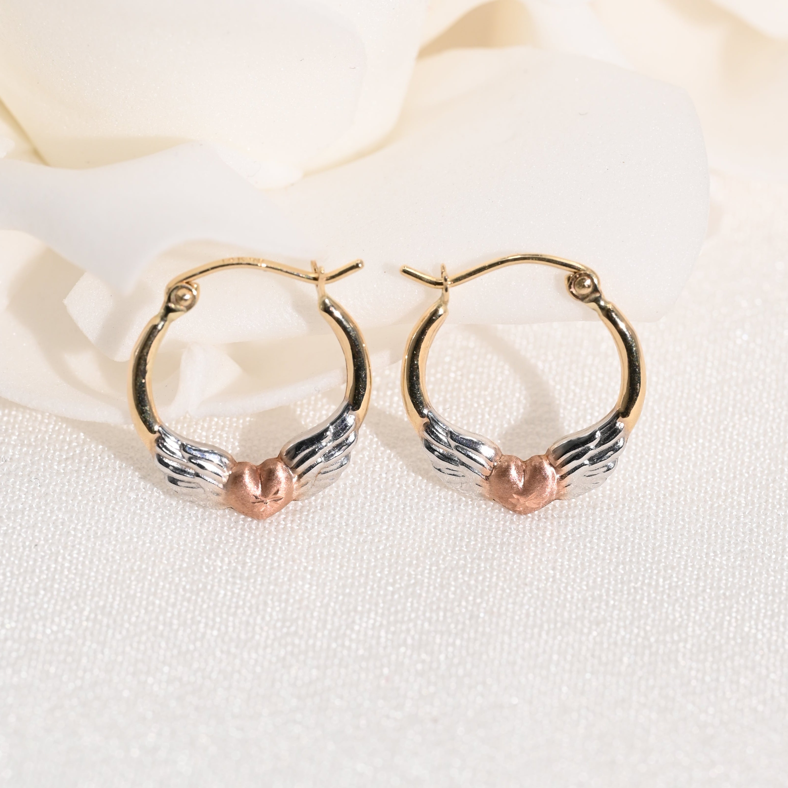 14k Winged Heart Hoop Earrings