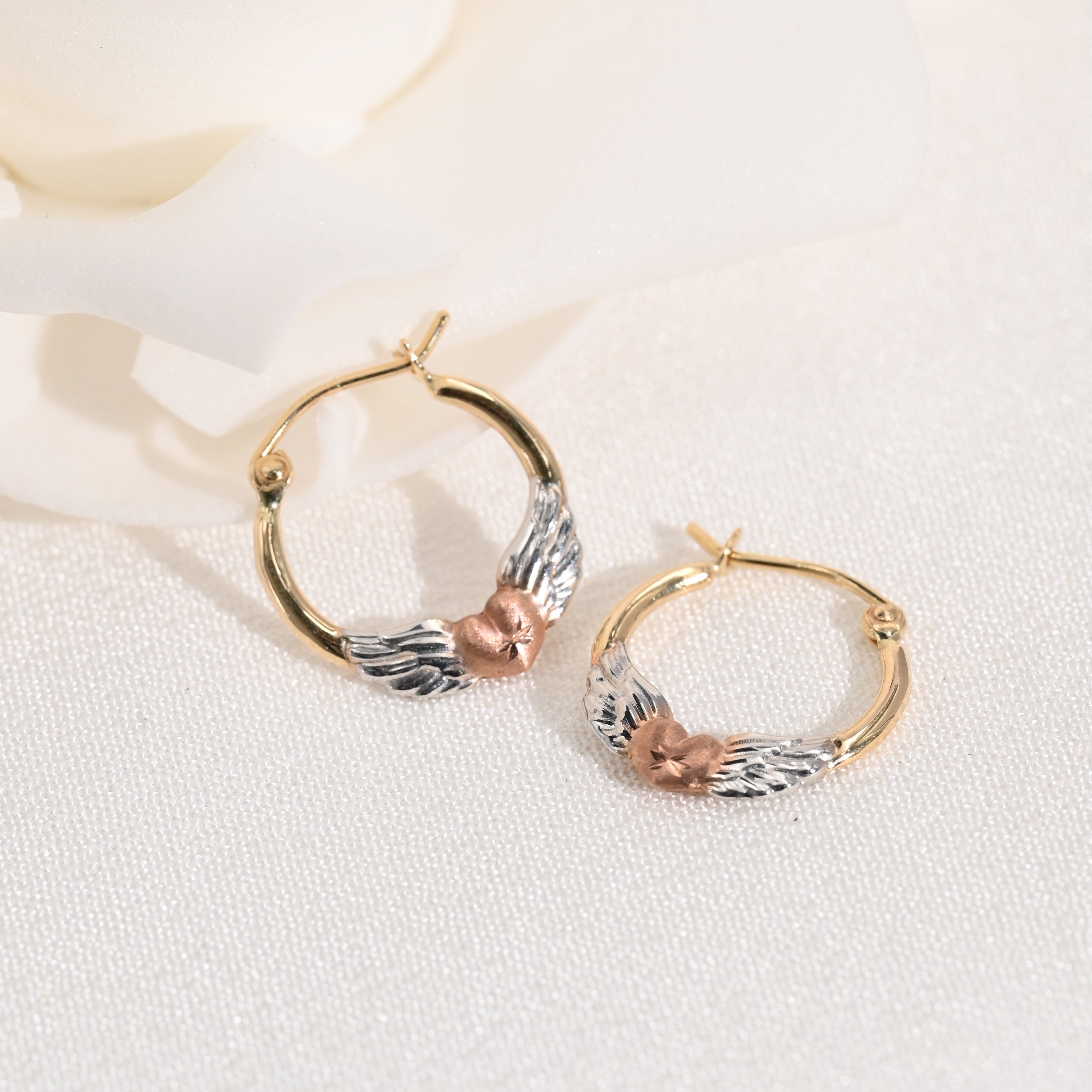 14k Winged Heart Hoop Earrings