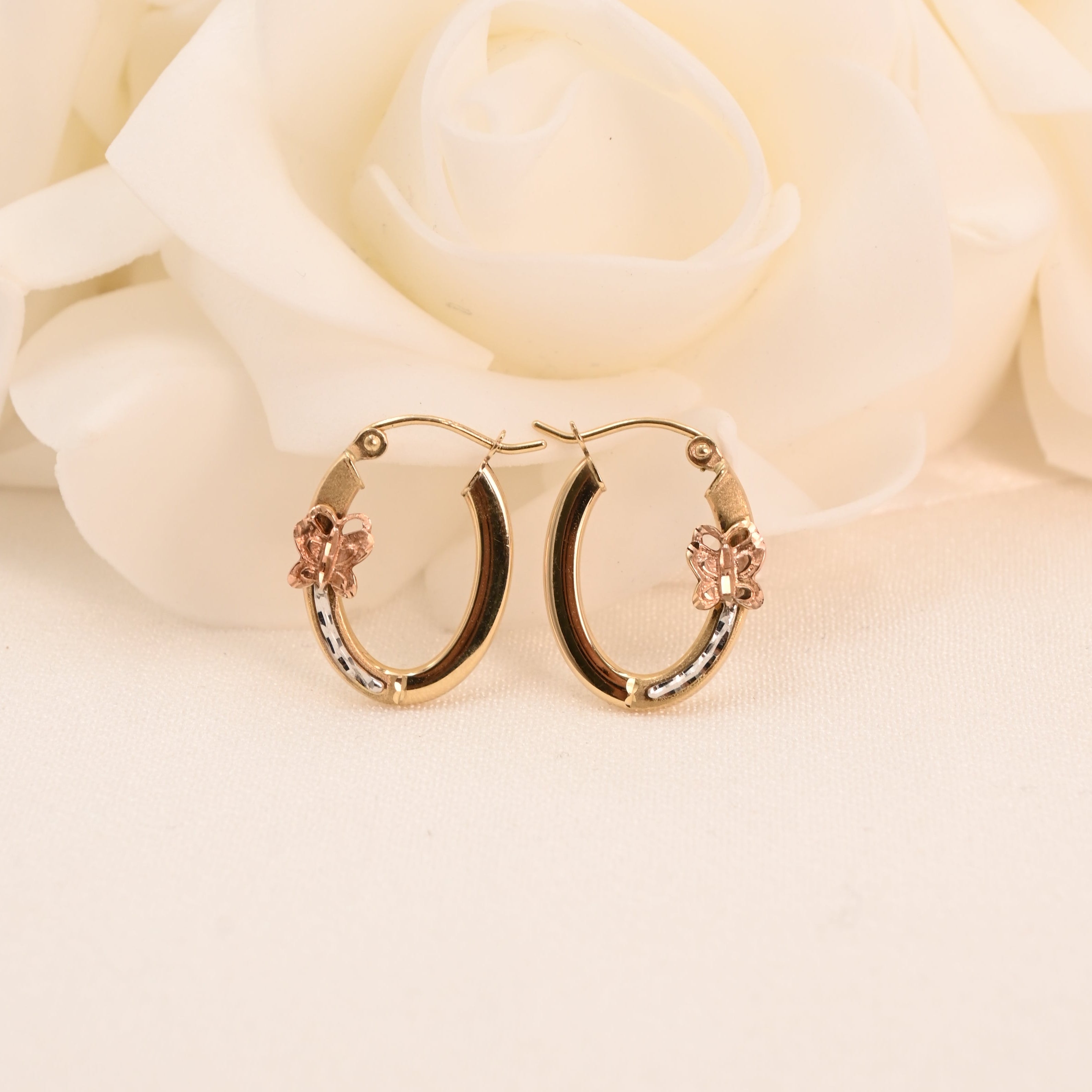 14k Oval Tricolor Butterfly Hoop Earrings