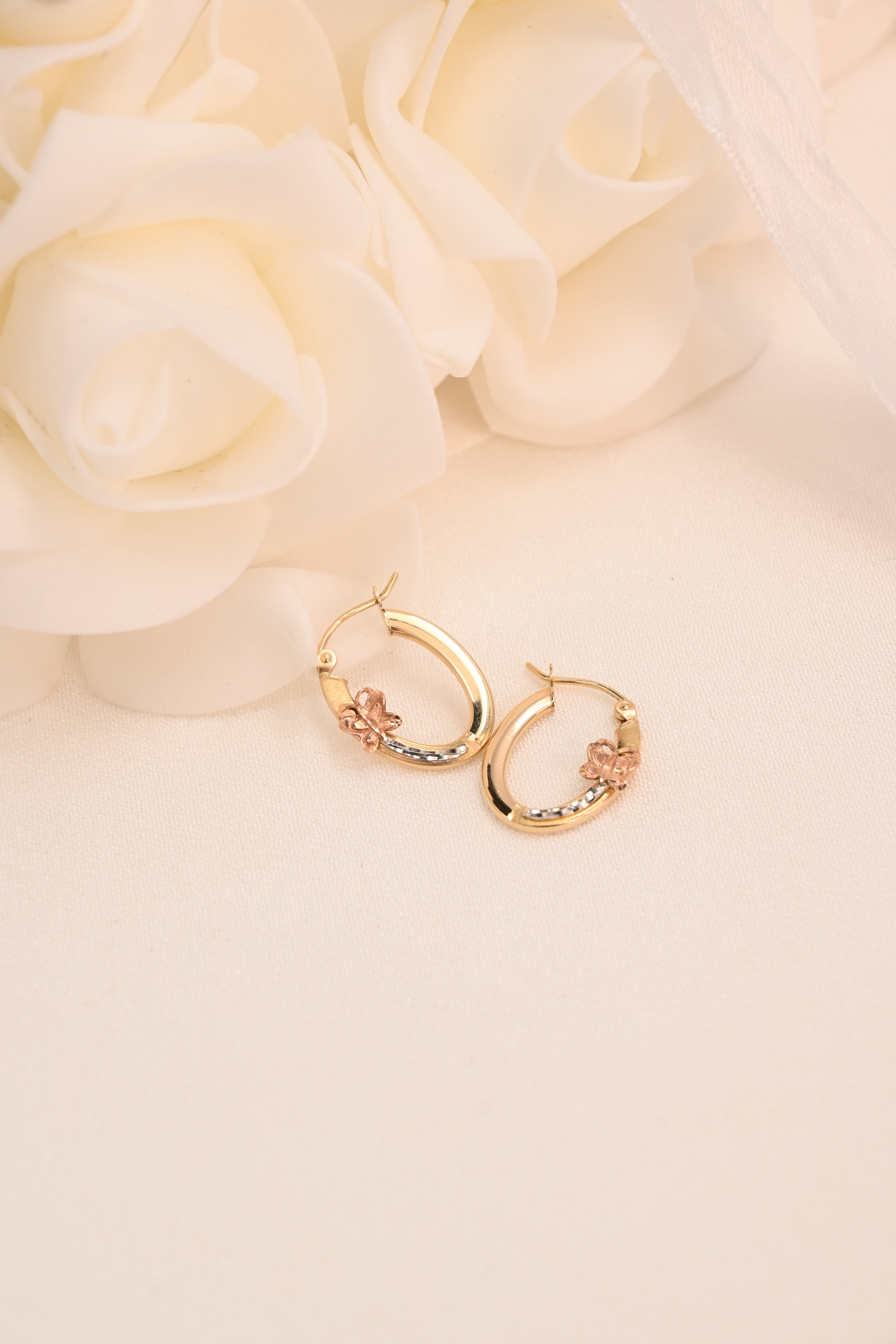 14k Oval Tricolor Butterfly Hoop Earrings