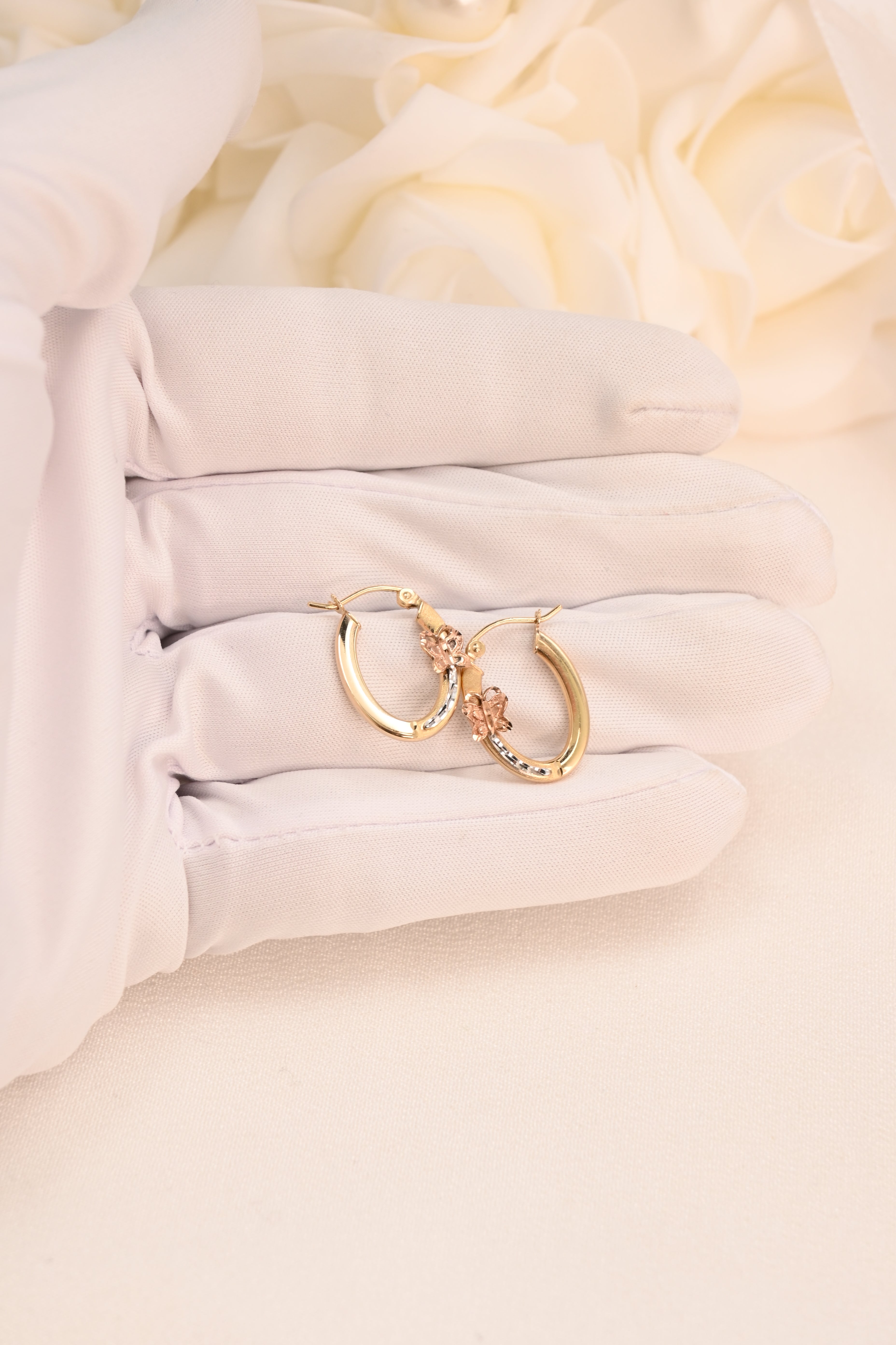 14k Oval Tricolor Butterfly Hoop Earrings