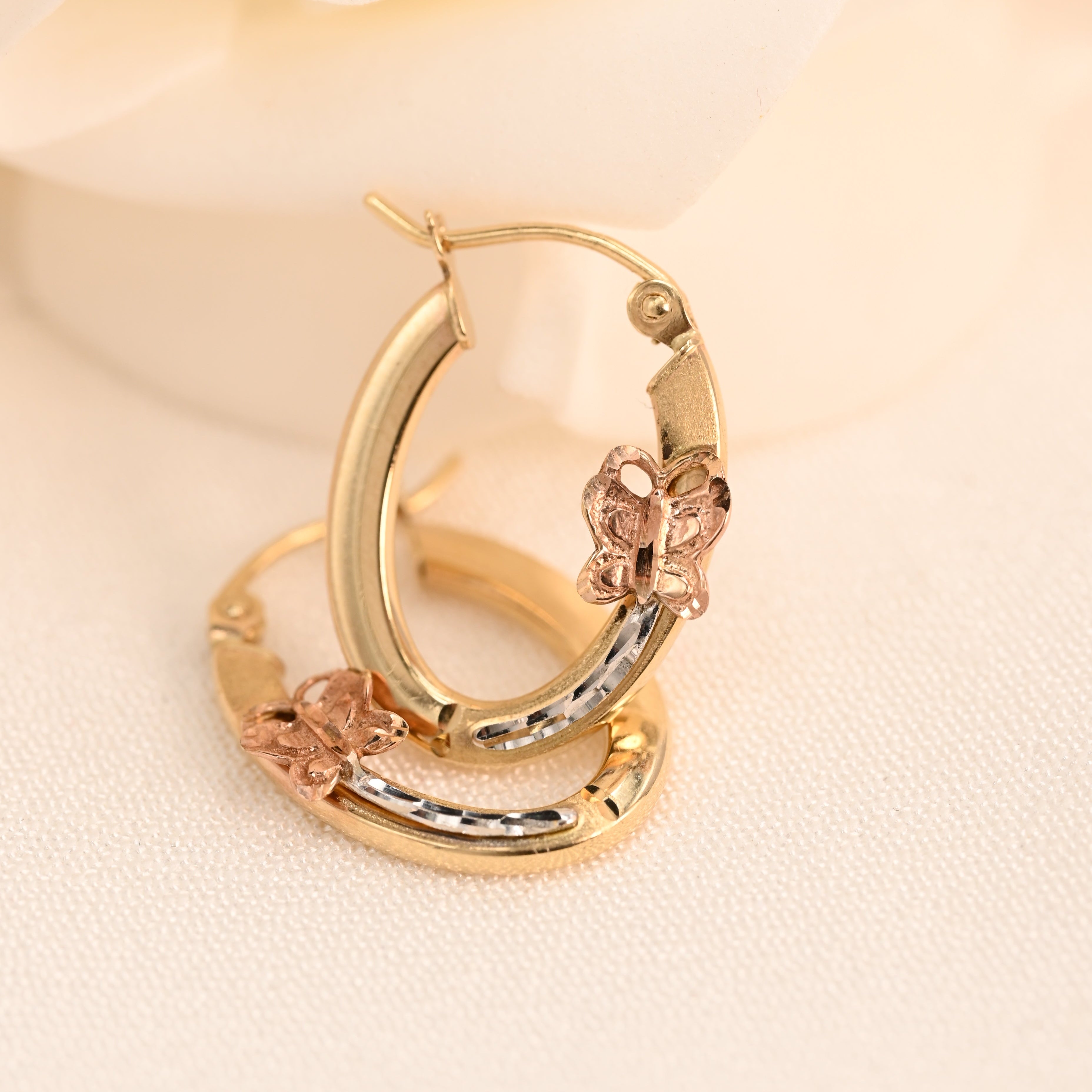 14k Oval Tricolor Butterfly Hoop Earrings