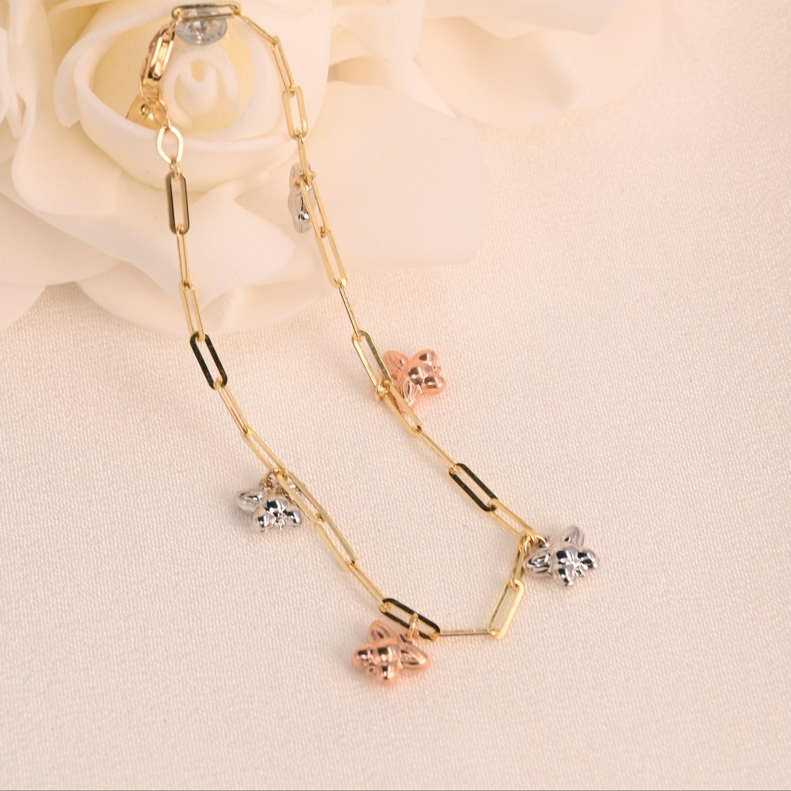 14K Tri-Color Butterfly Paperclip Bracelet