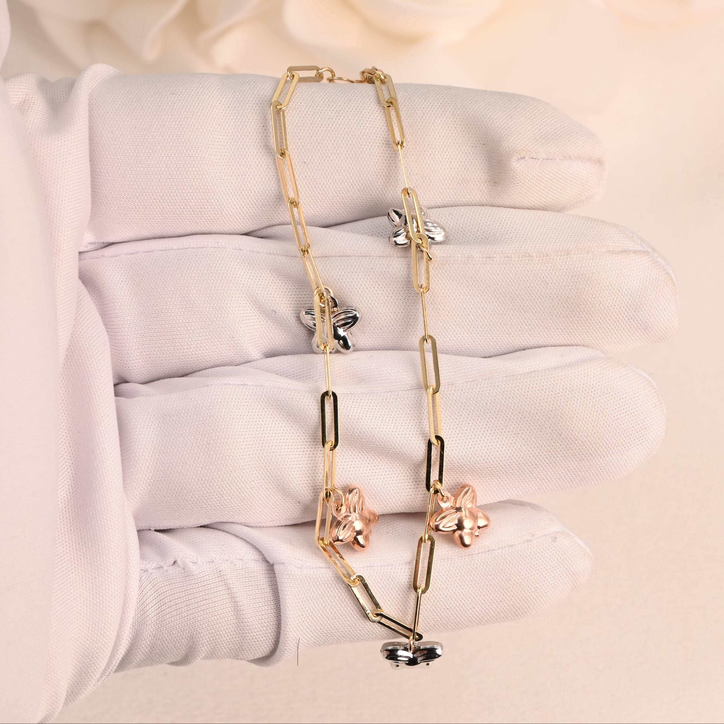 14K Tri-Color Butterfly Paperclip Bracelet