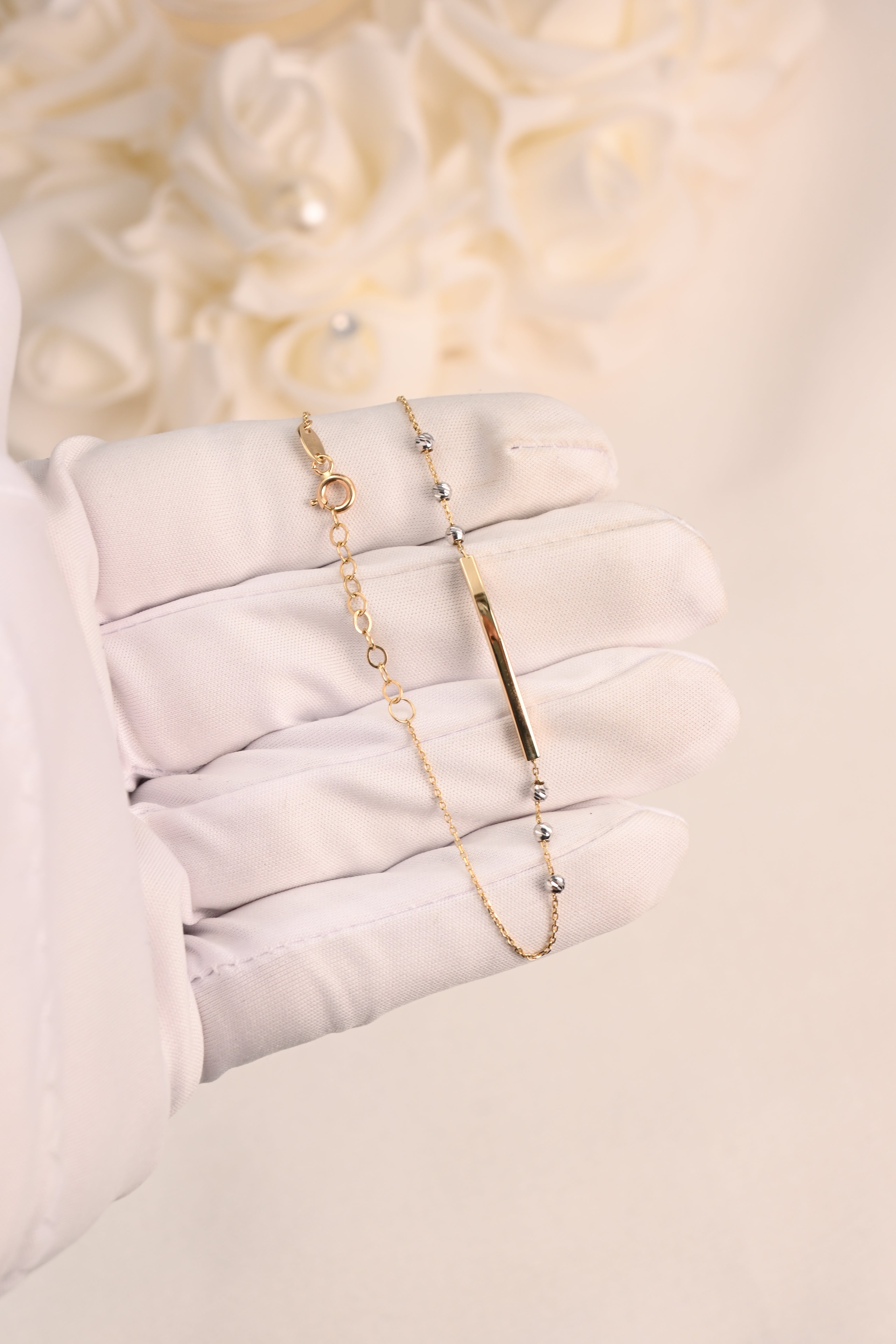 14K Two-Tone Diamond-Cut Bead Bar Bracelet