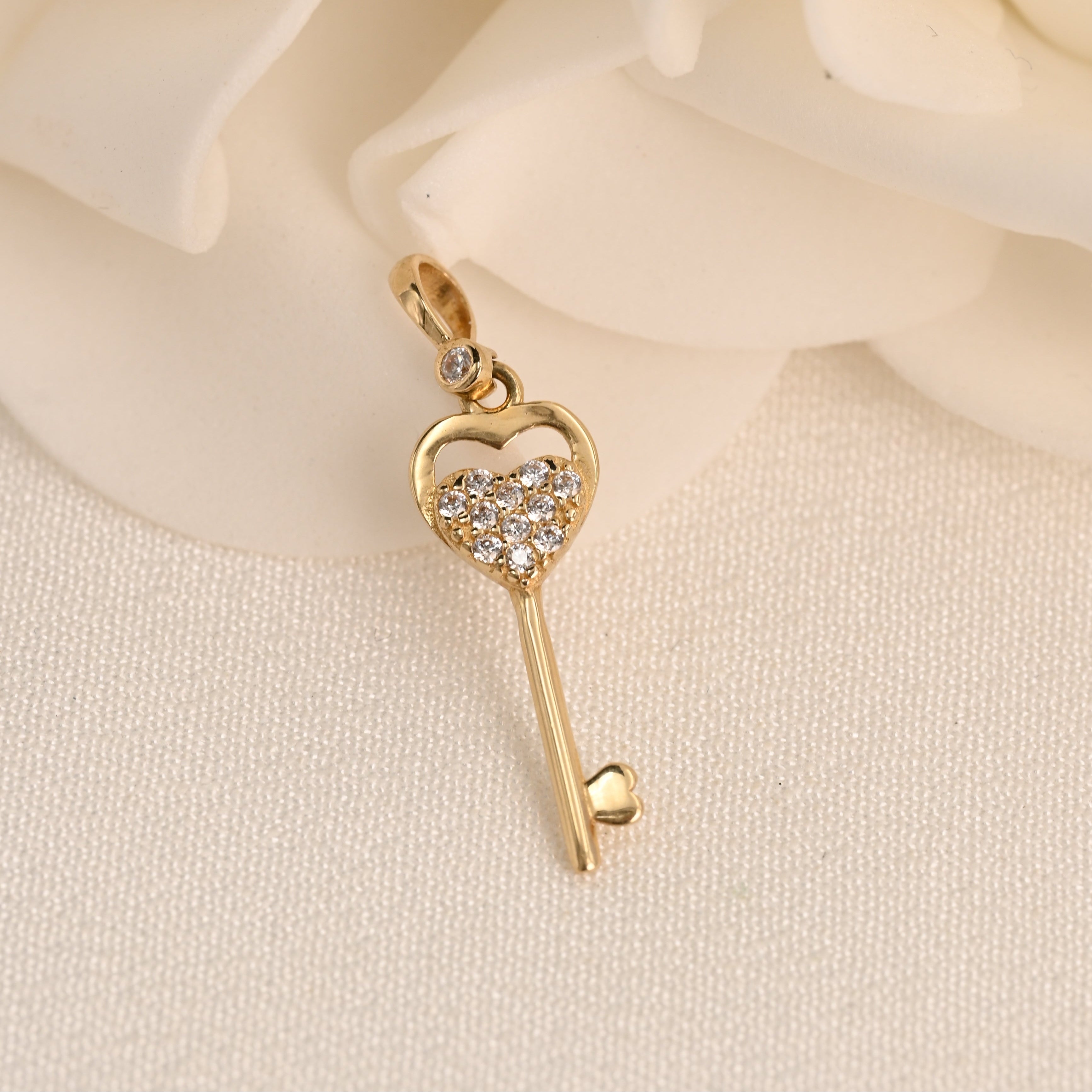 14K CZ Heart Key Pendant