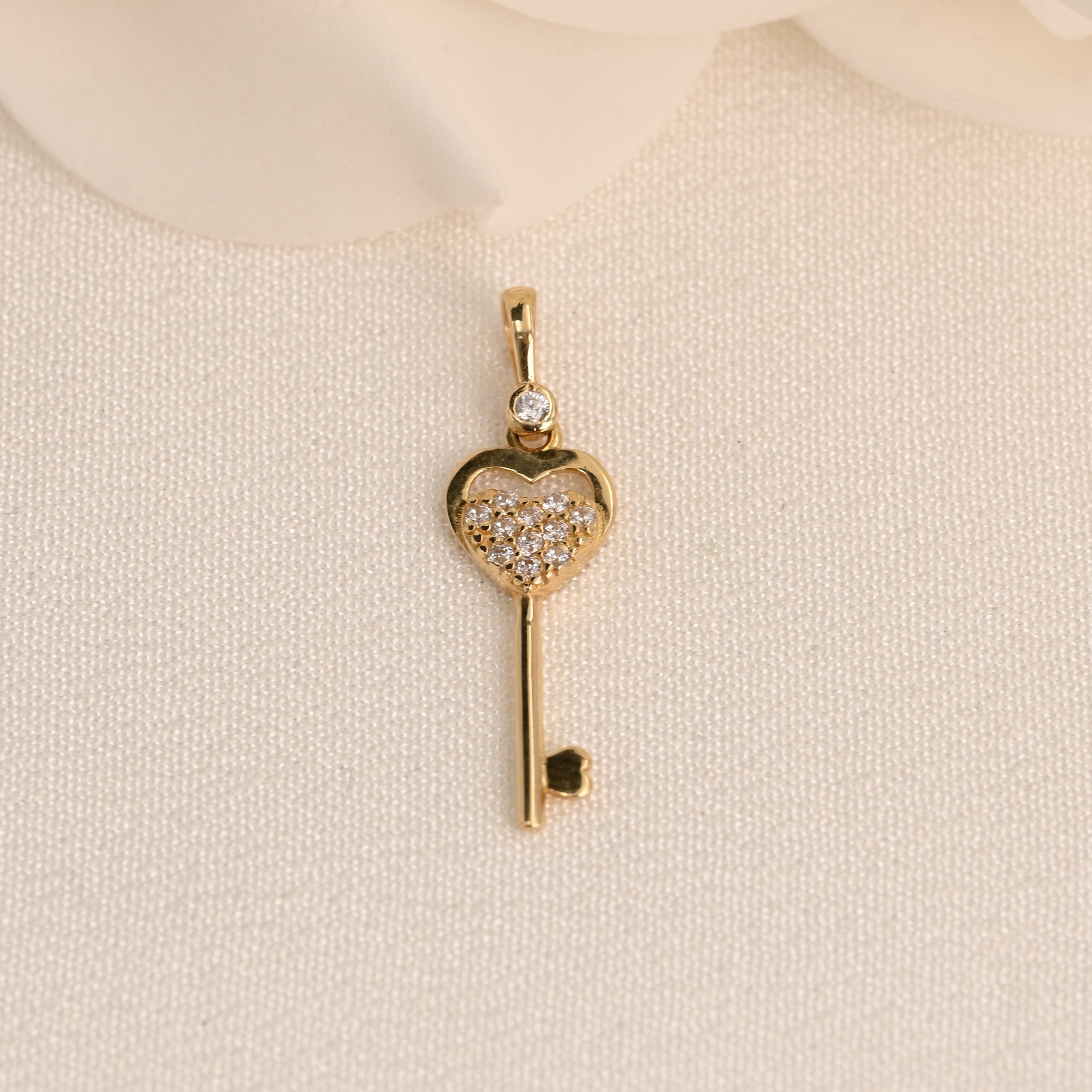 14K CZ Heart Key Pendant