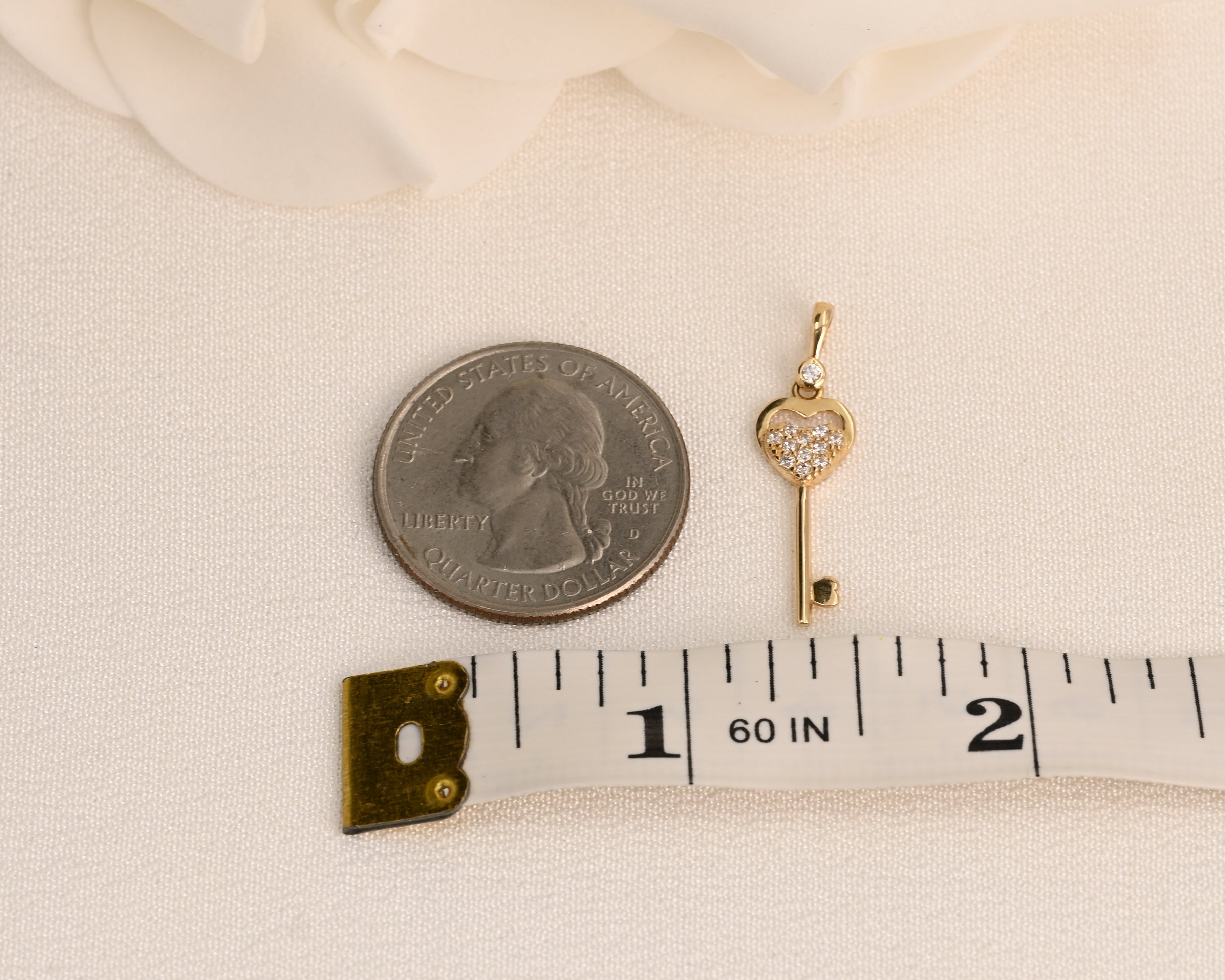 14K CZ Heart Key Pendant