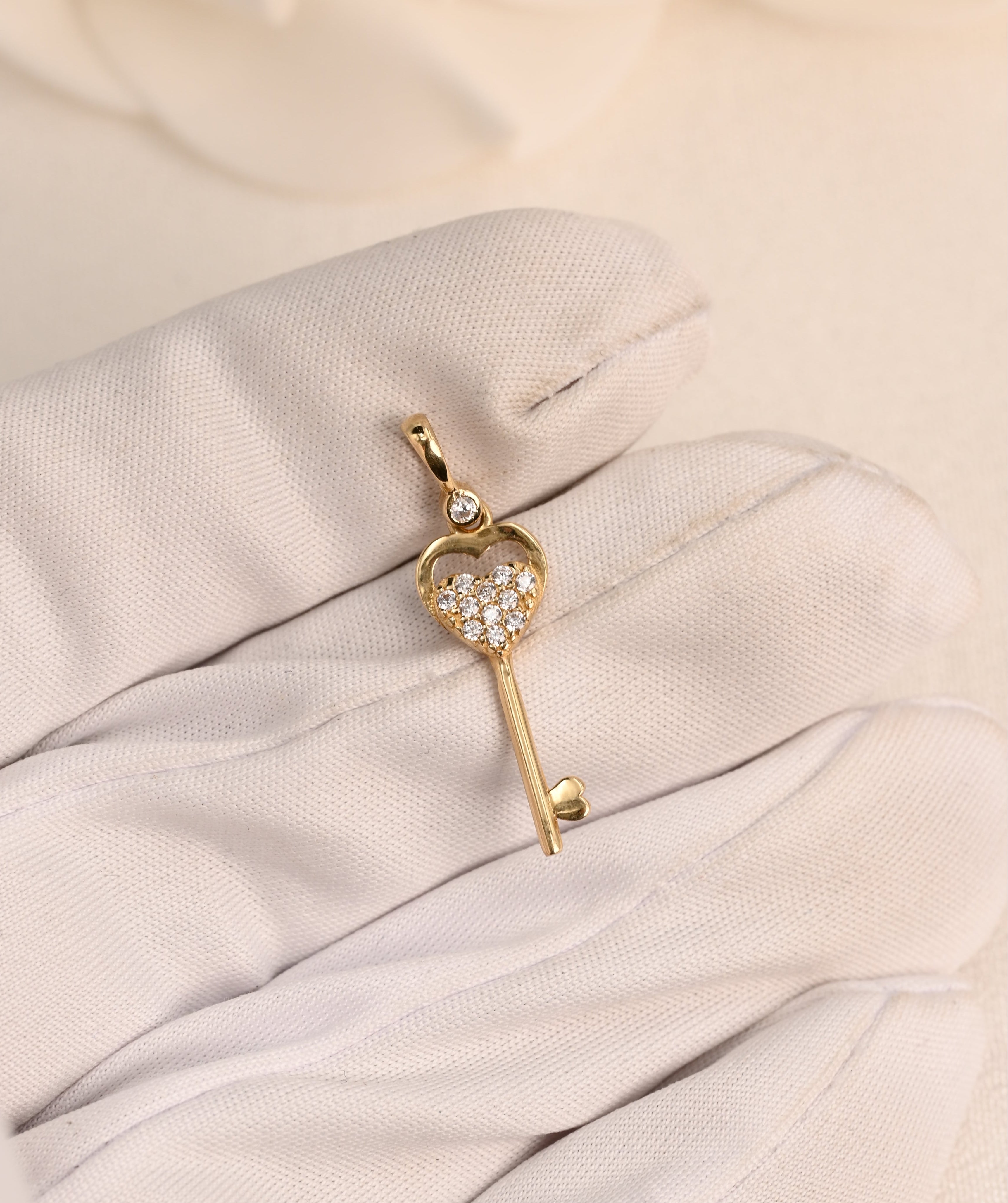14K CZ Heart Key Pendant