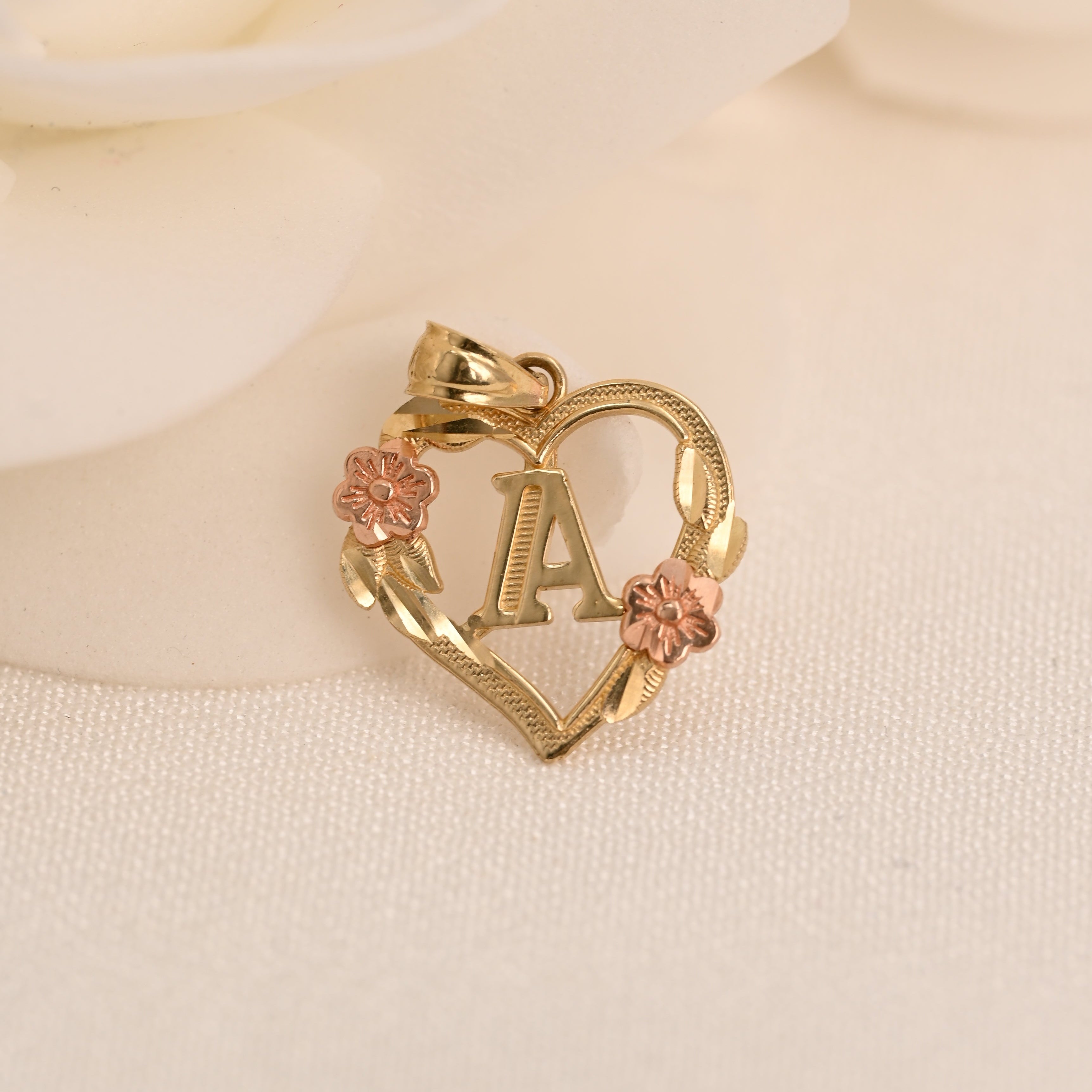 14K Floral Initial Heart Pendant