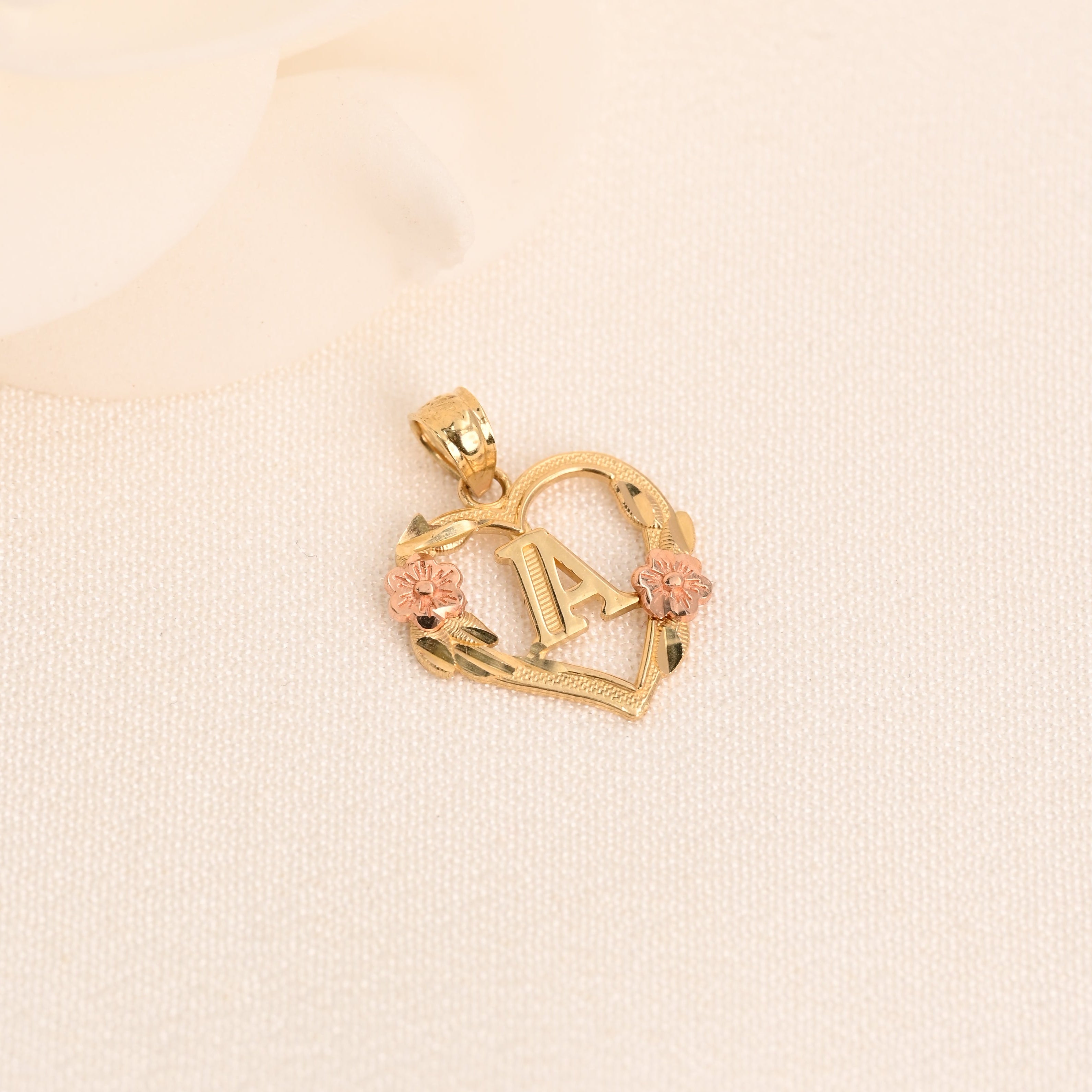 14K Floral Initial Heart Pendant