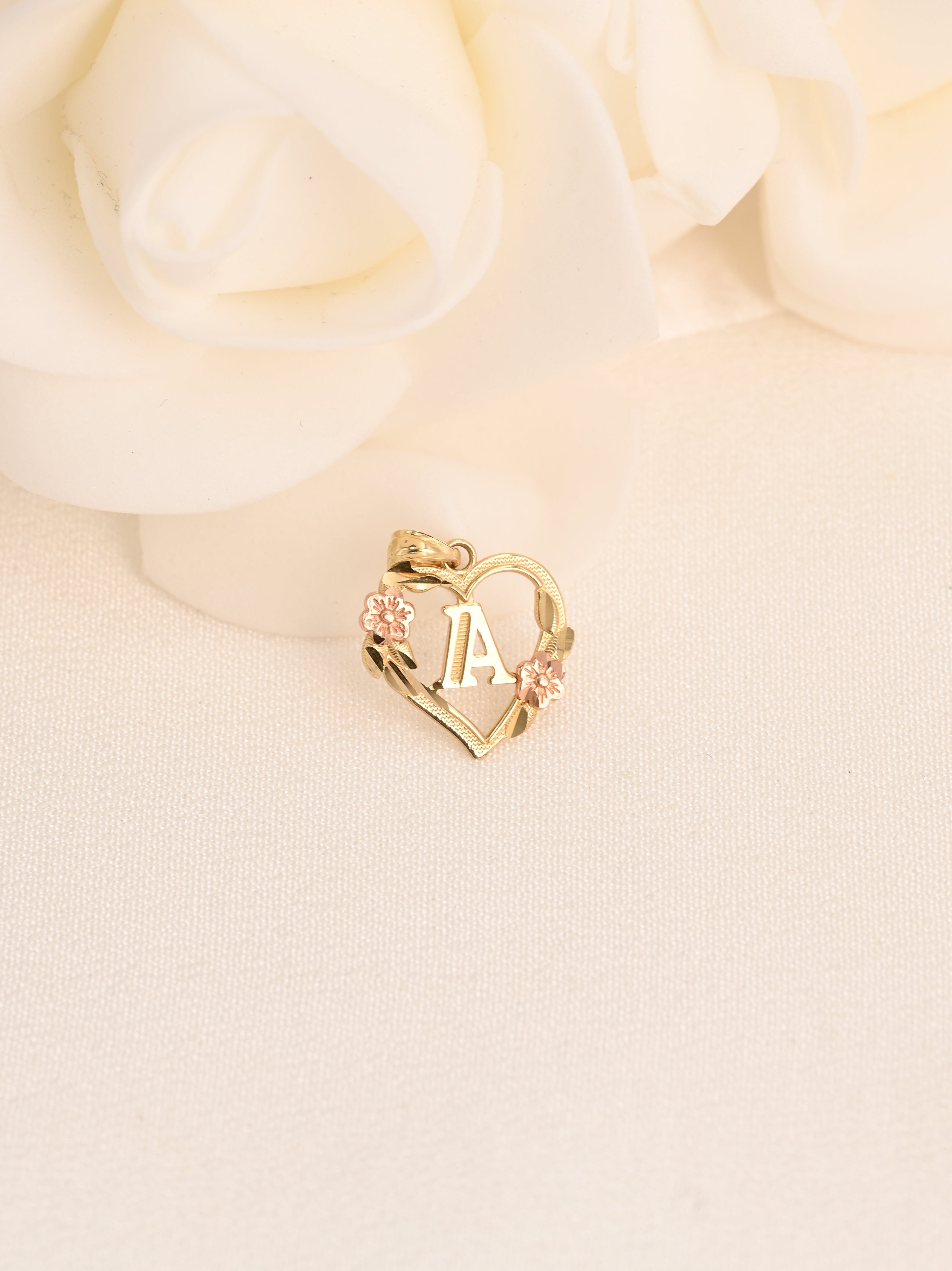 14K Floral Initial Heart Pendant