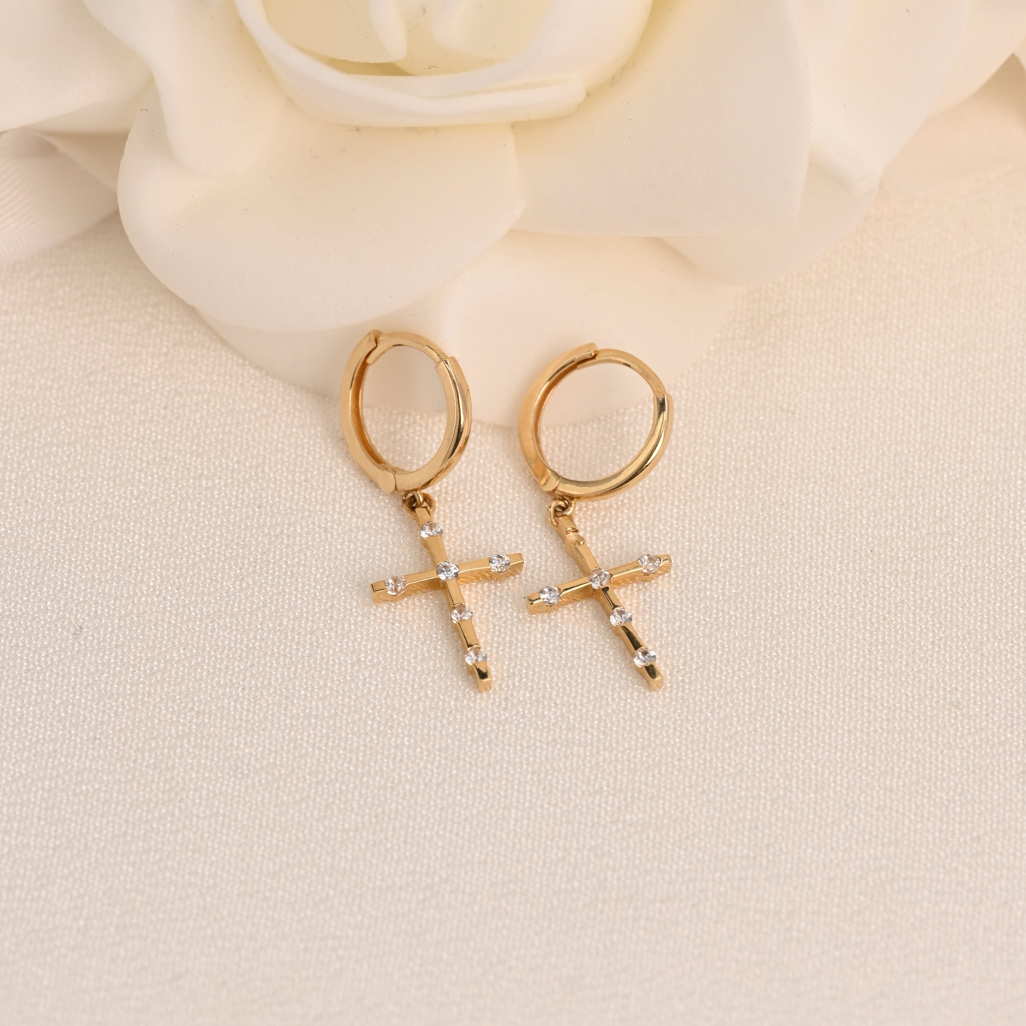 14K CZ Cross Huggie Earrings